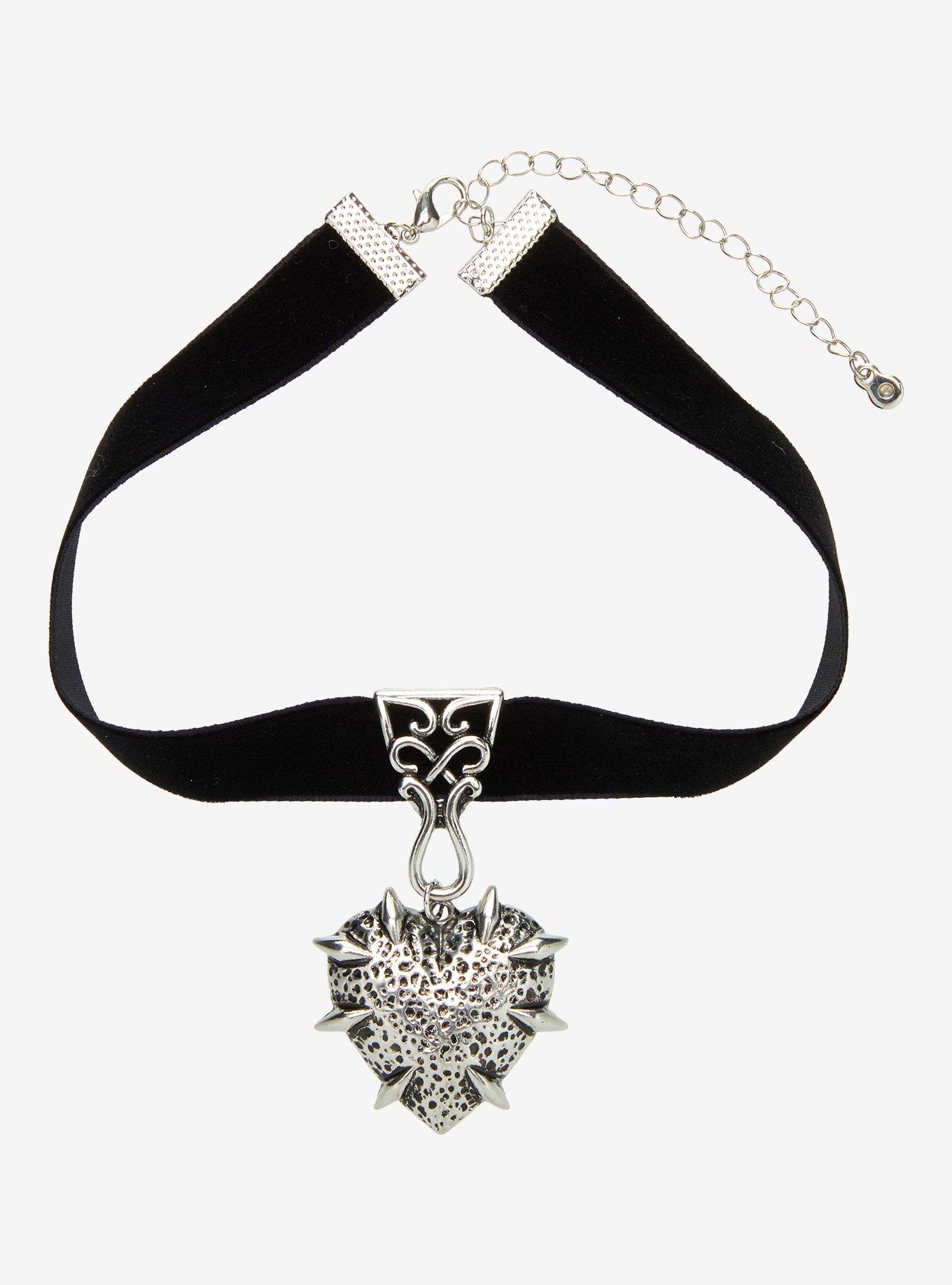 Figural Spiky Heart Velvet Choker, , hi-res