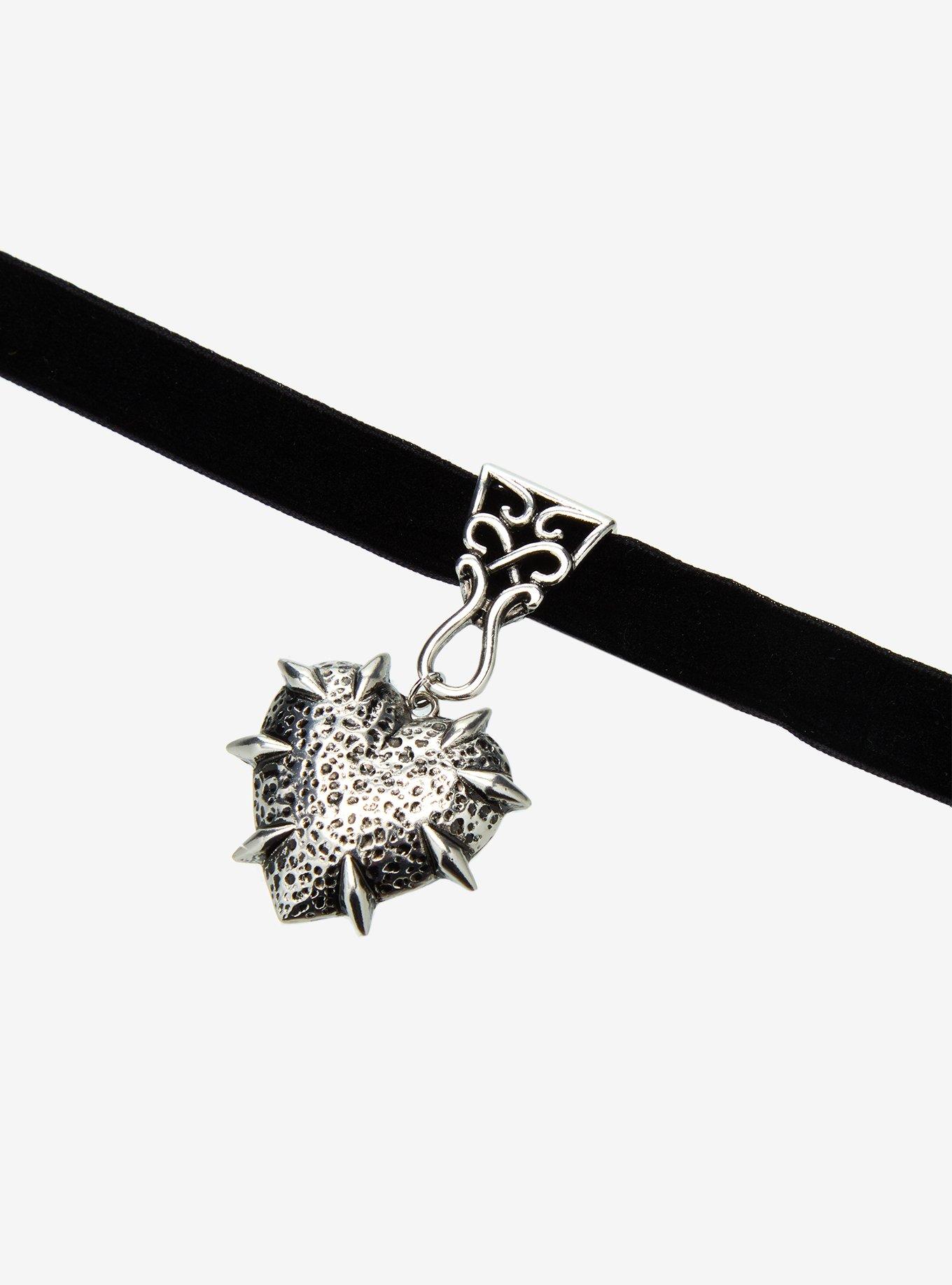 Figural Spiky Heart Velvet Choker, , alternate