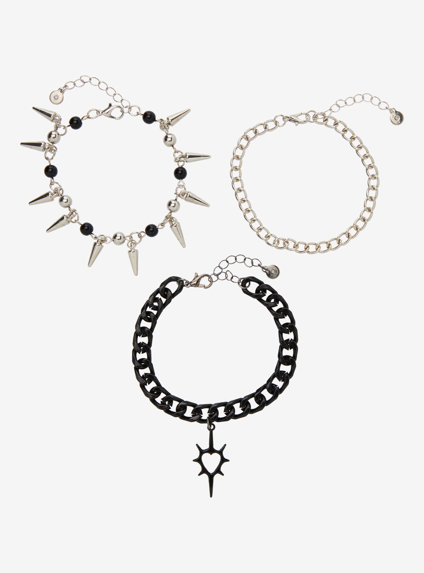 Black & Silver Spike Heart Chain Bracelet Set, , hi-res