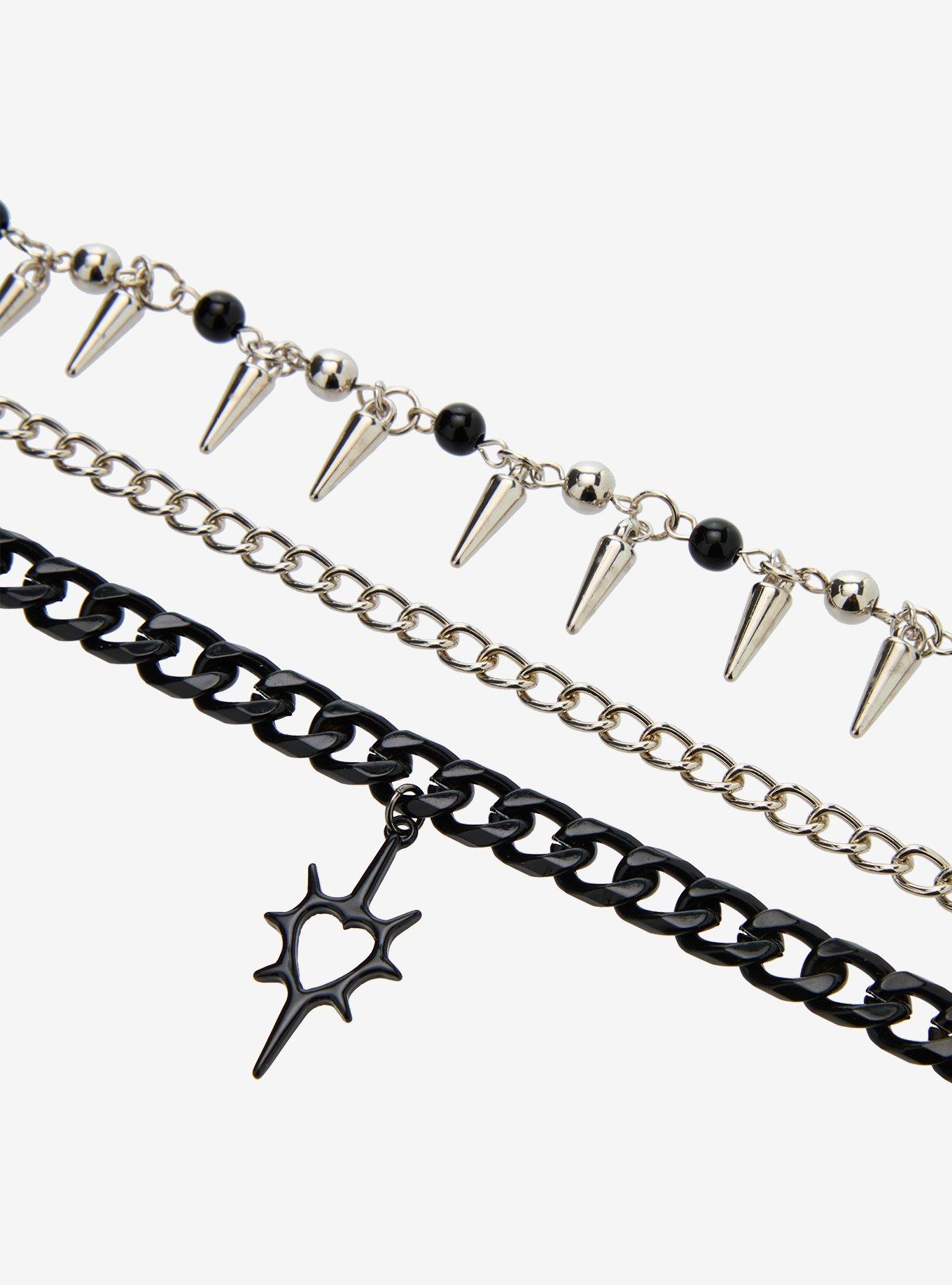 Black & Silver Spike Heart Chain Bracelet Set, , alternate