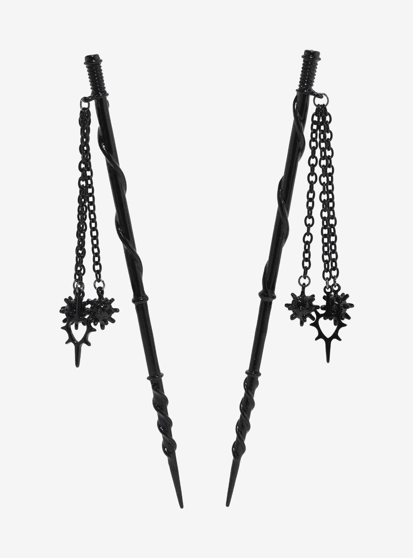 Black Medieval Flail Hair Stick Set, , hi-res
