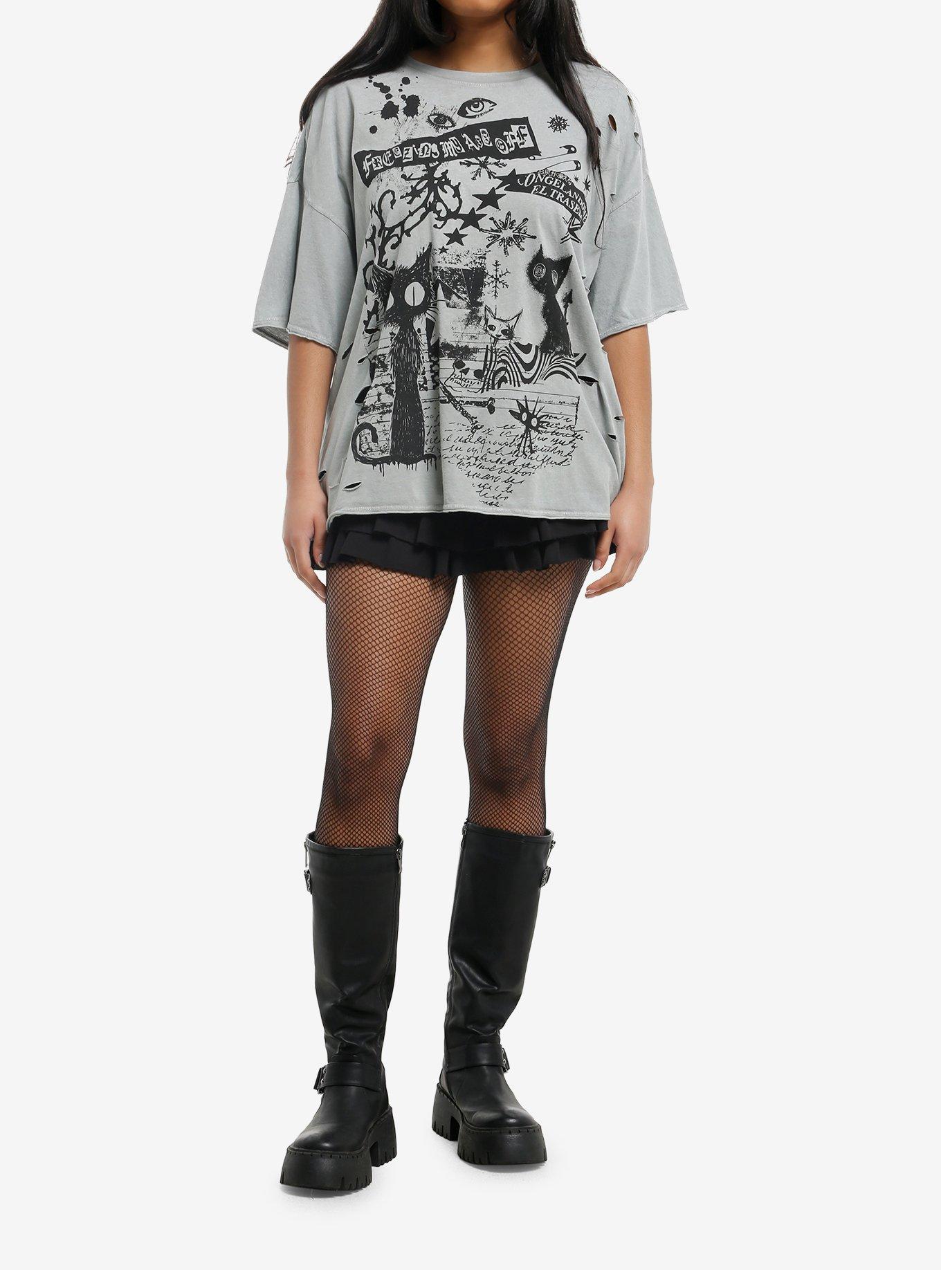 Social Collision Grunge Cat Doodle Girls Oversized T-Shirt, MULTI, alternate