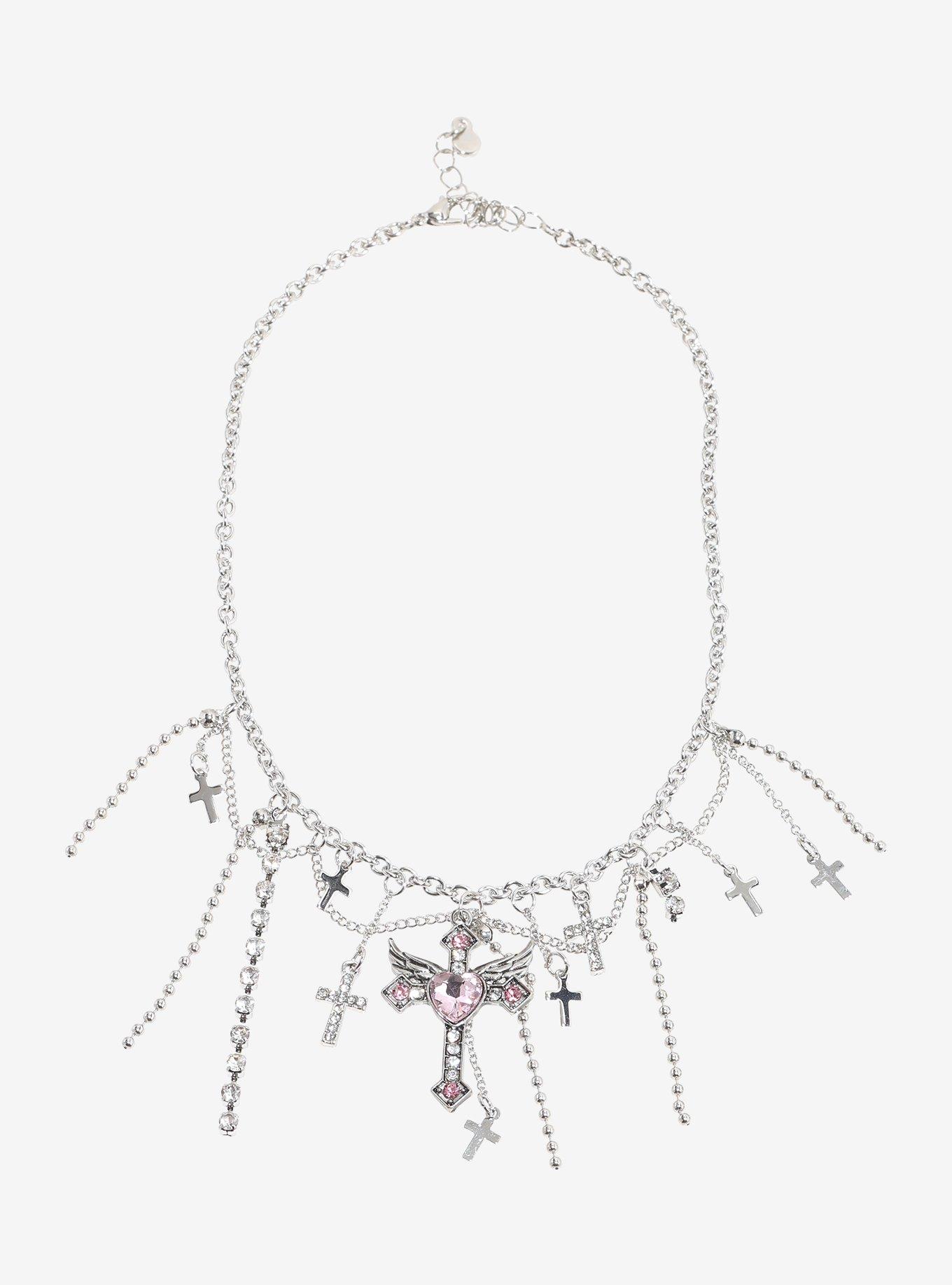 Pink Gem Winged Cross Charm Choker, , hi-res