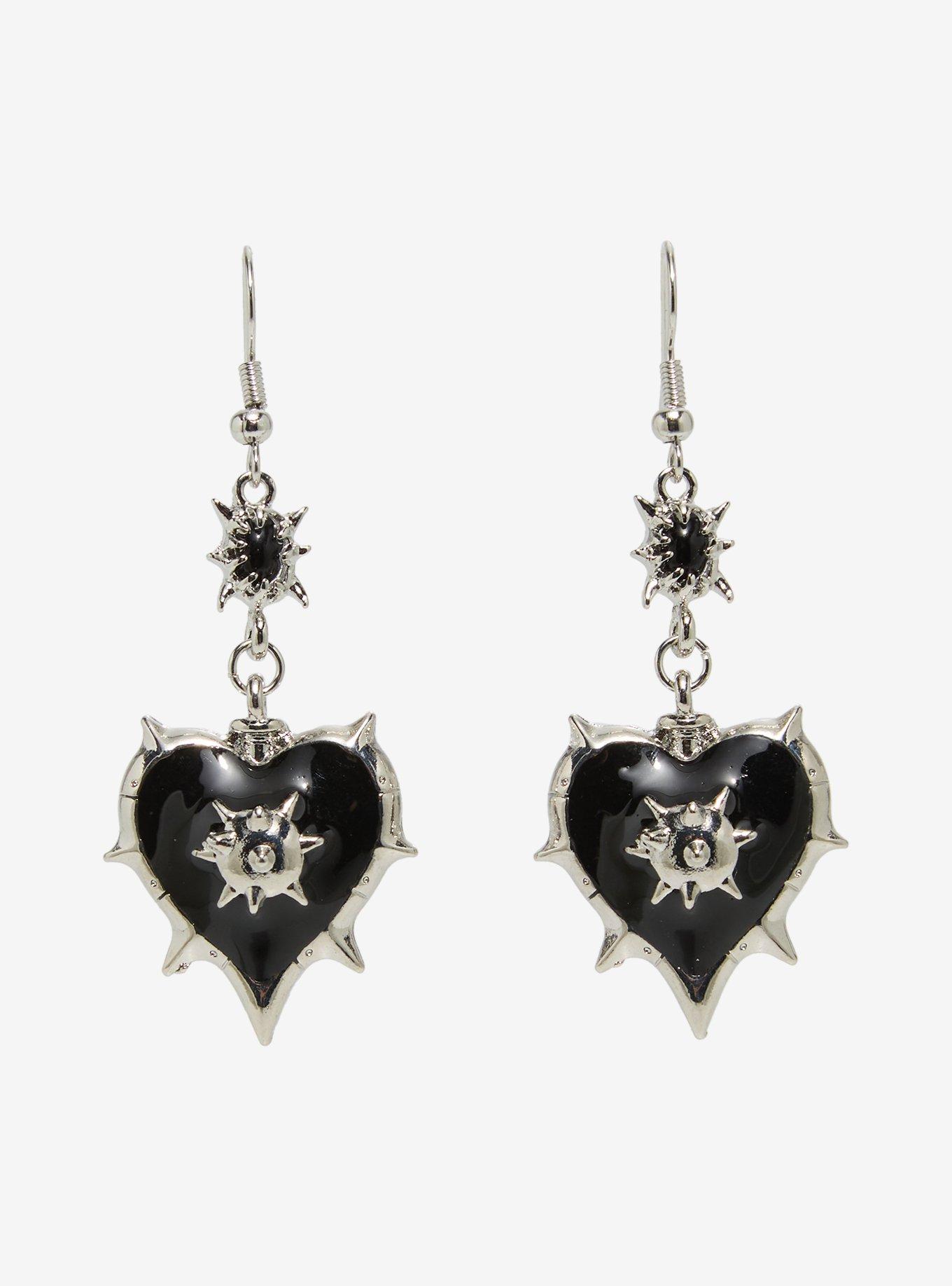 Black Spike Heart Drop Earrings, , hi-res