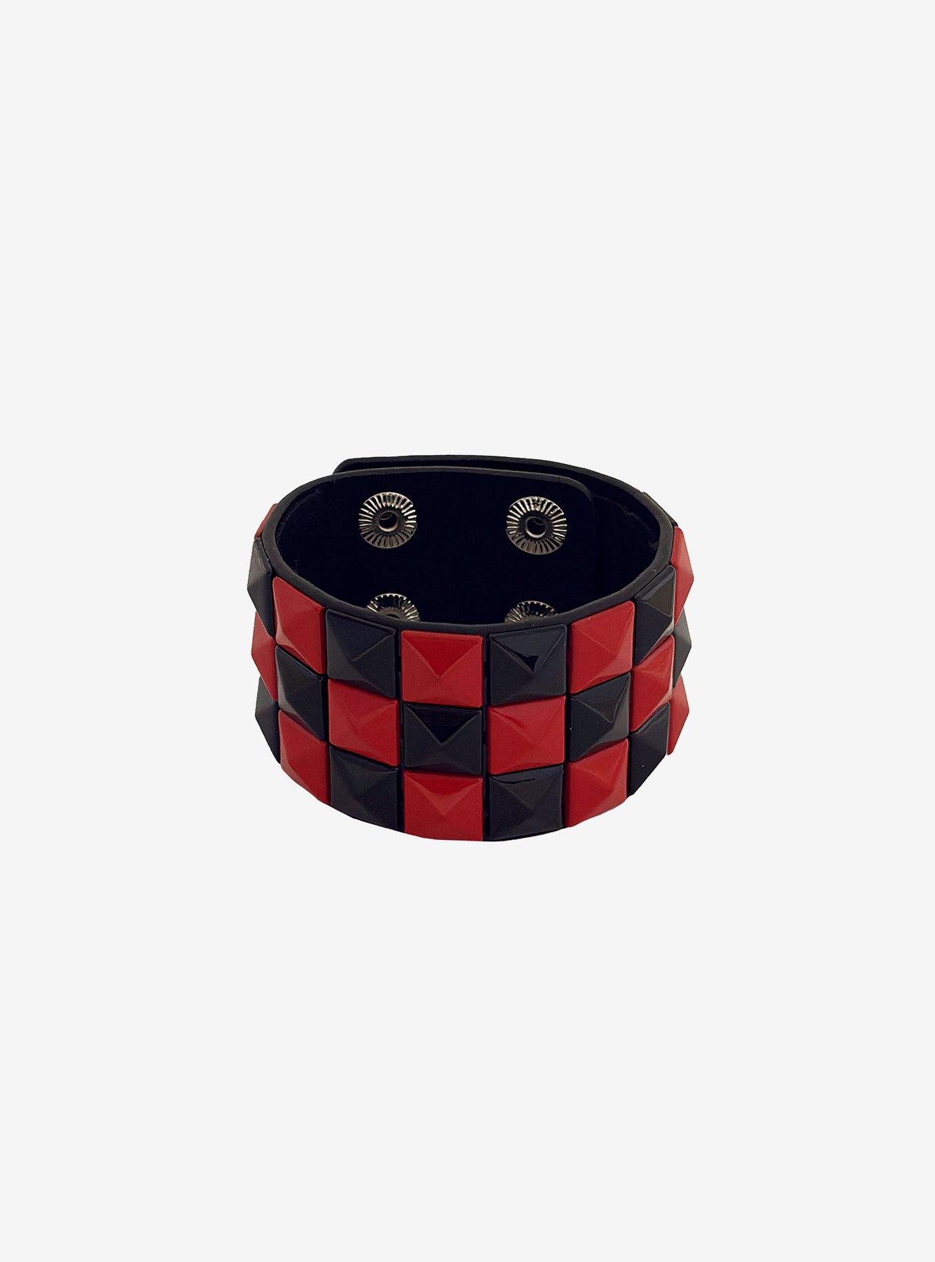 Black & Red Pyramid Stud Cuff Bracelet, , hi-res