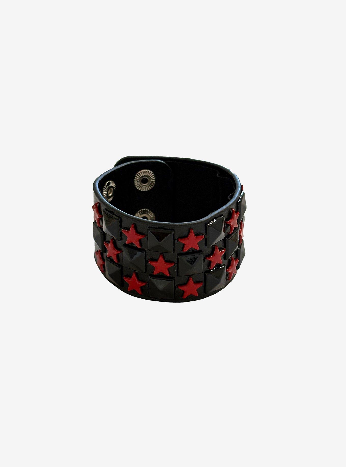 Social Collision Black & Red Star Pyramid Stud Cuff Bracelet, , hi-res