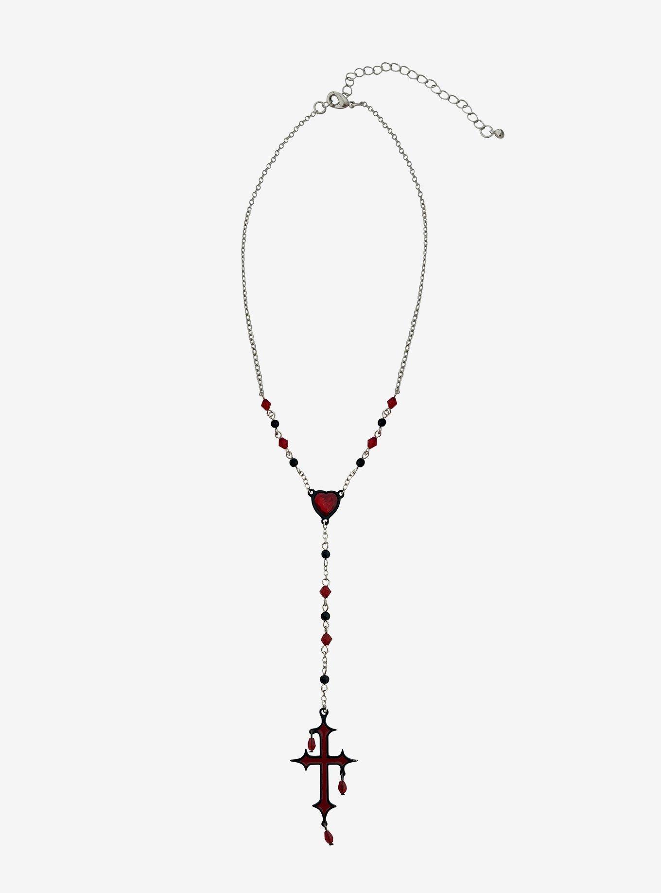 Black & Red Cross Heart Rosary Necklace, , hi-res