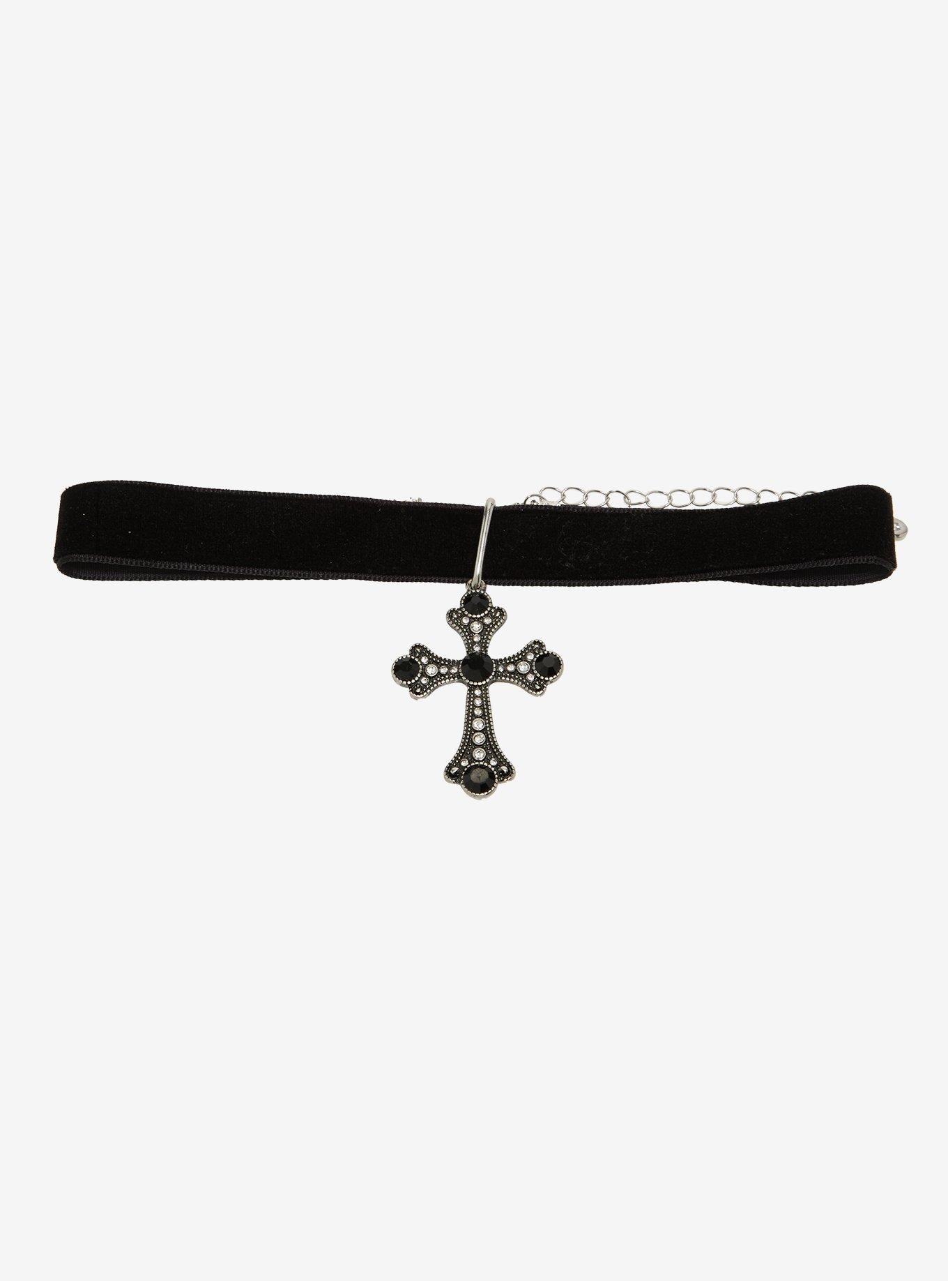Social Collision Rhinestone Cross Velvet Choker, , hi-res
