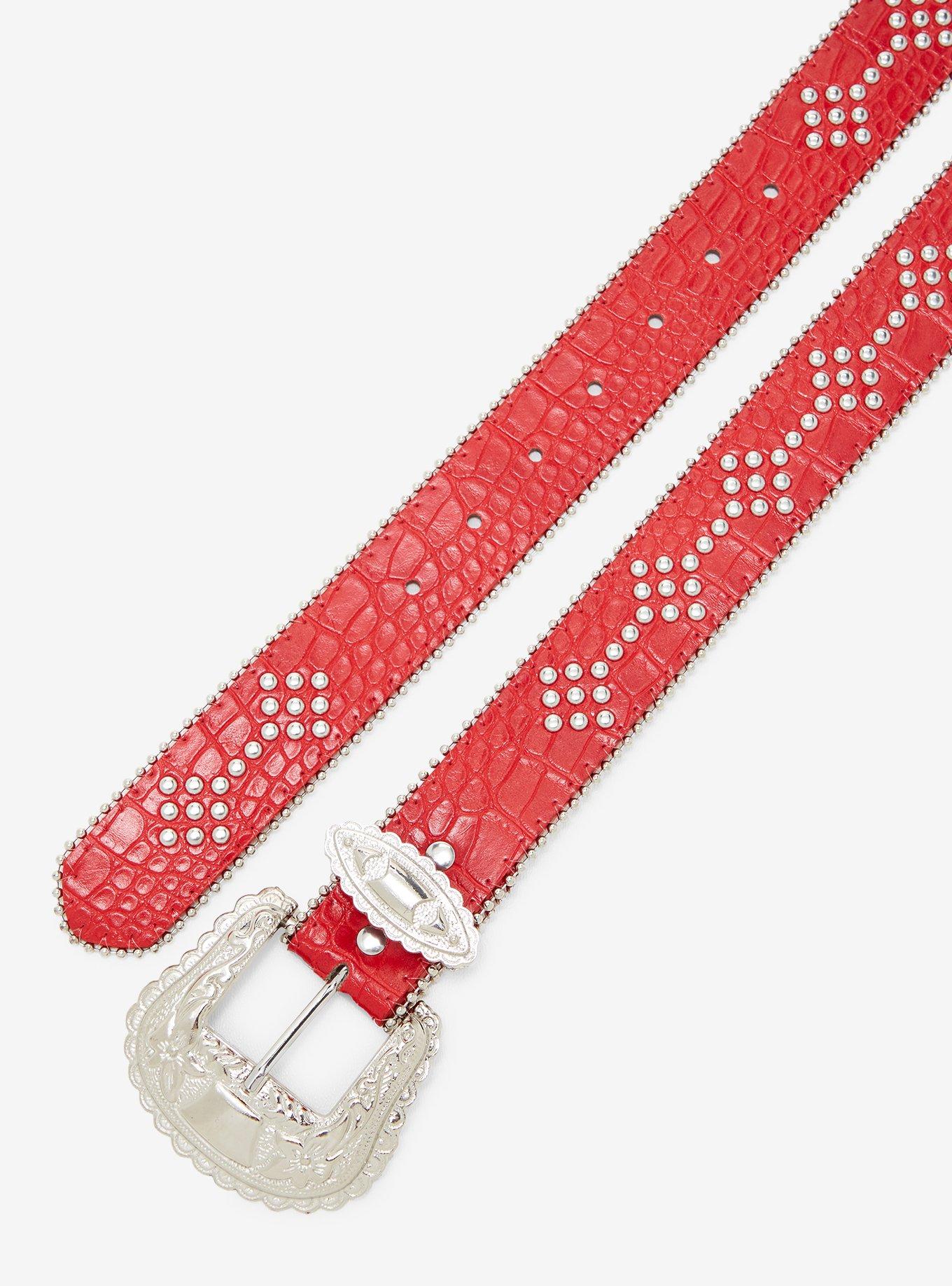 Red Round Stud Crocodile Belt, , hi-res