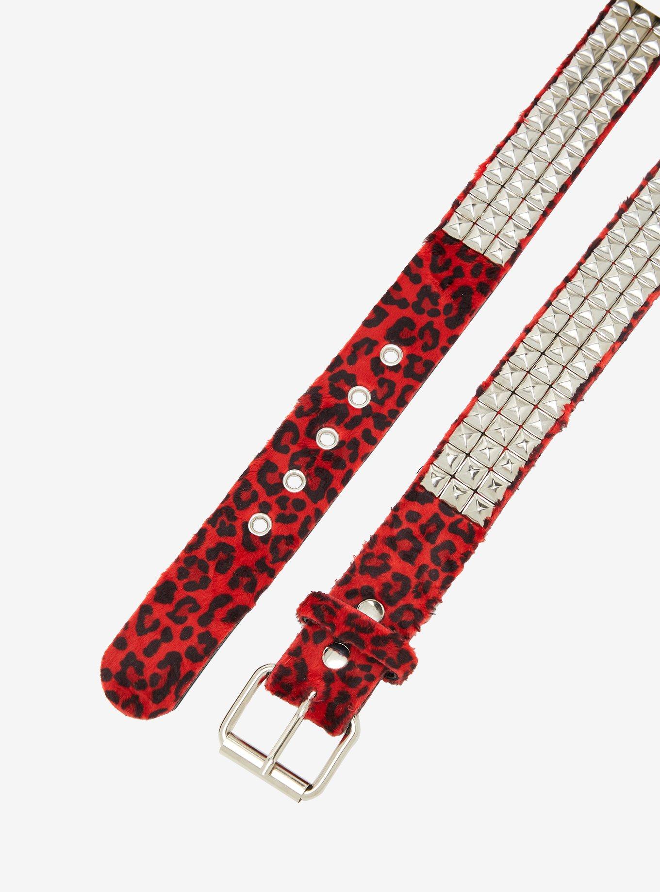 Red Cheetah Pyramid Stud Belt, , hi-res