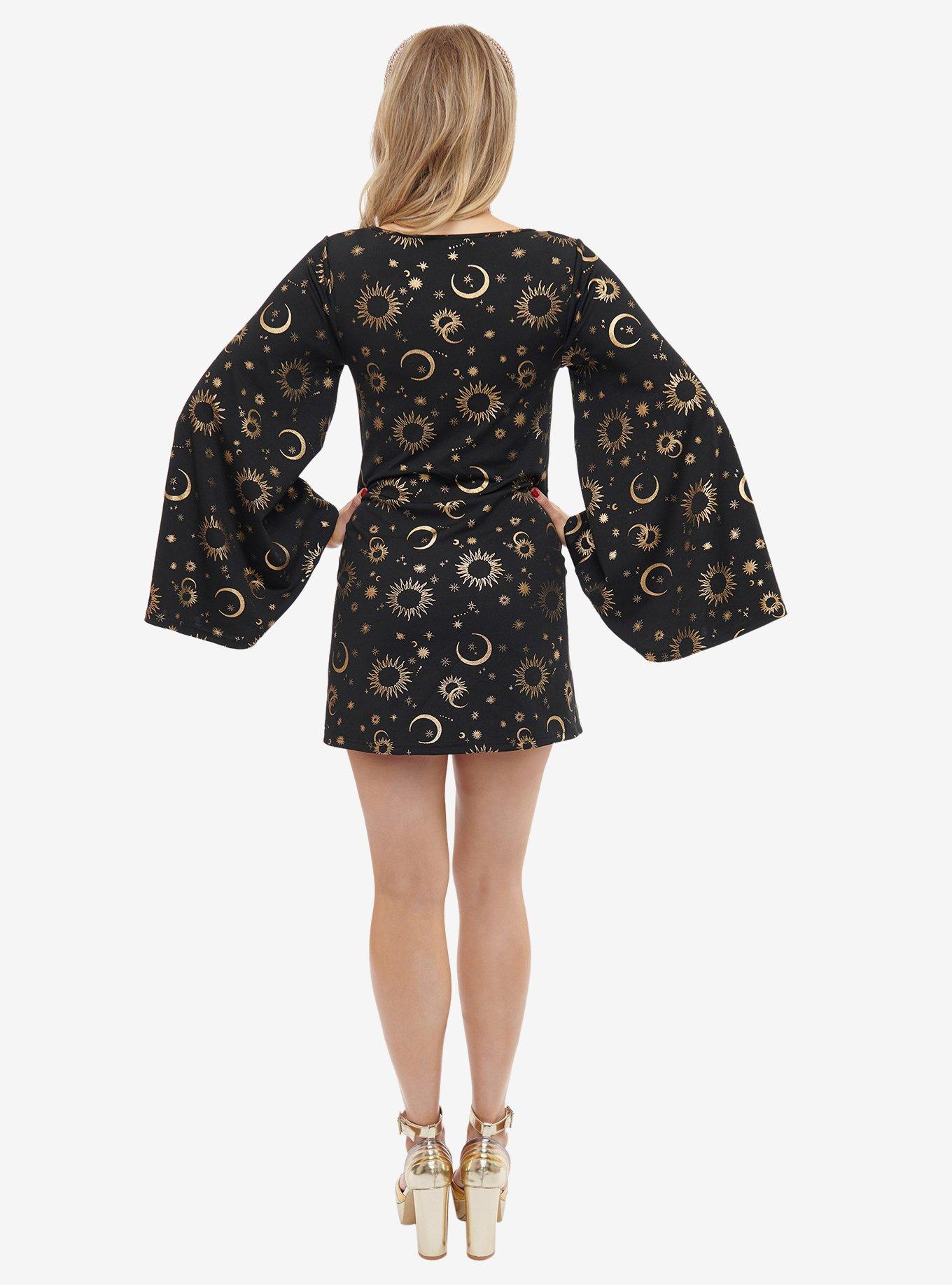 Smak Parlour 1960s Black & Gold Celestial Print Mini Dress, , hi-res