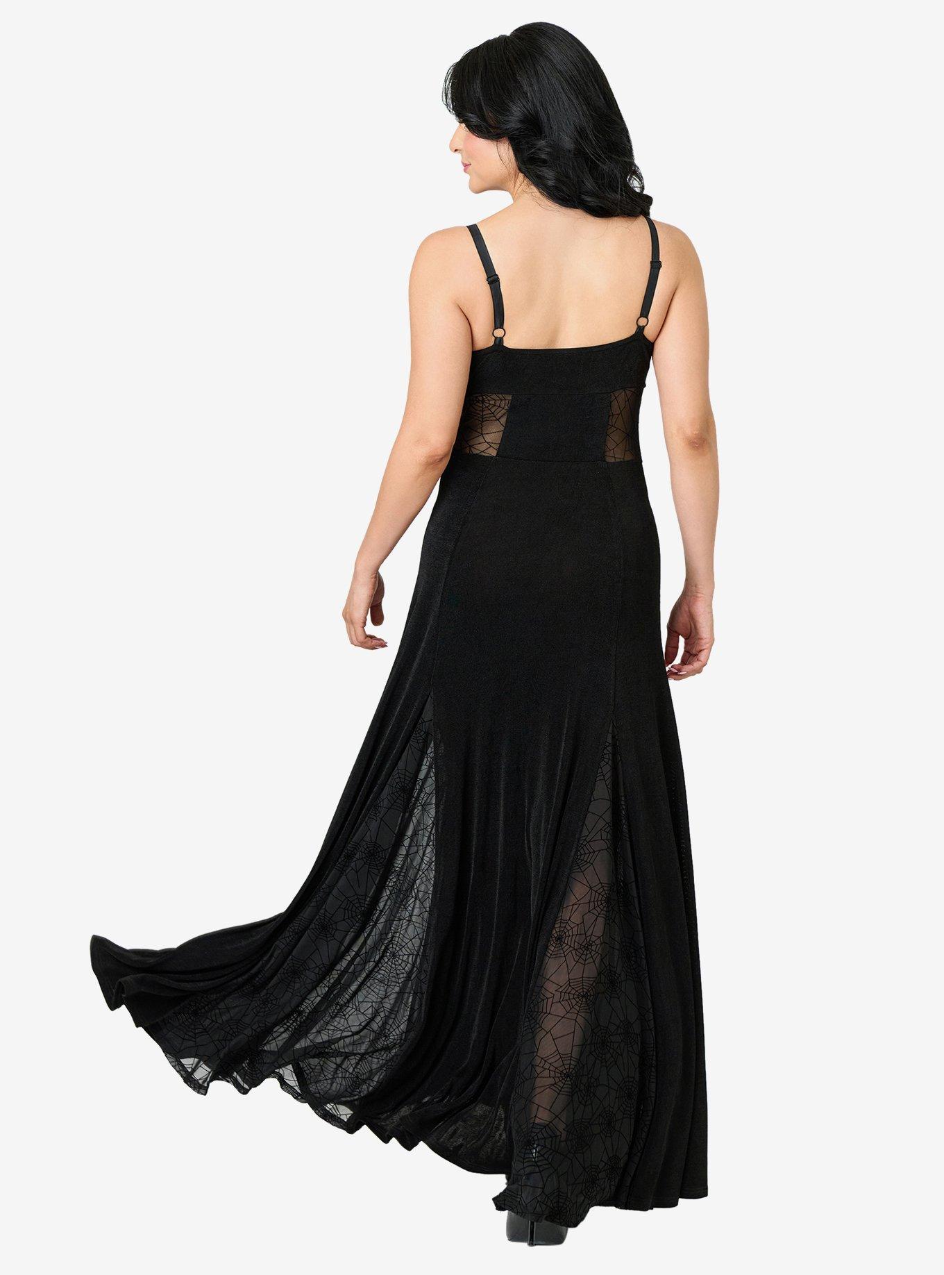Unique Vintage Black Sheer Spiderweb Godet Maxi Dress, , hi-res