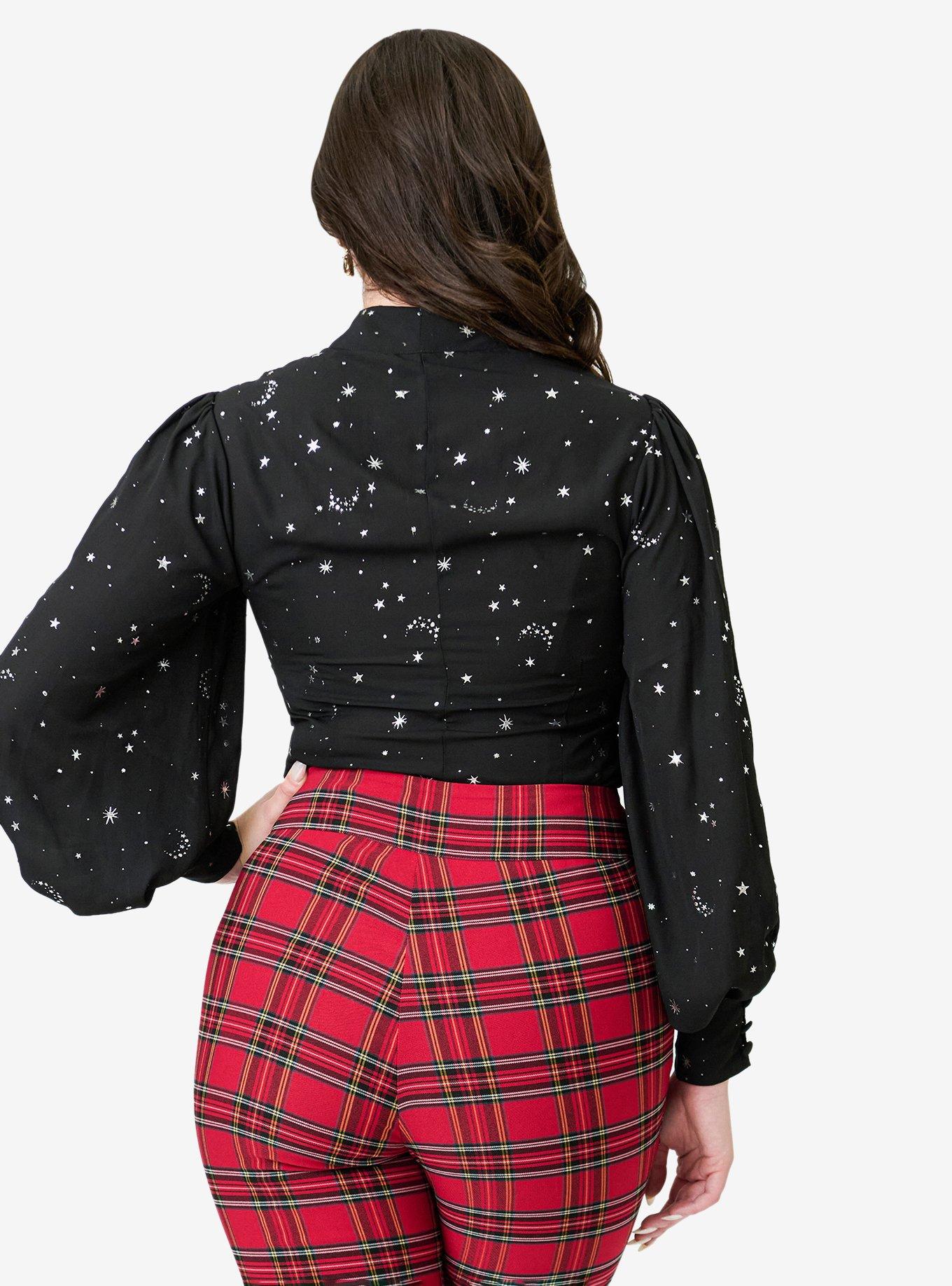 Unique Vintage Black Moon & Star Silver Foil Print Gwen Blouse, , hi-res