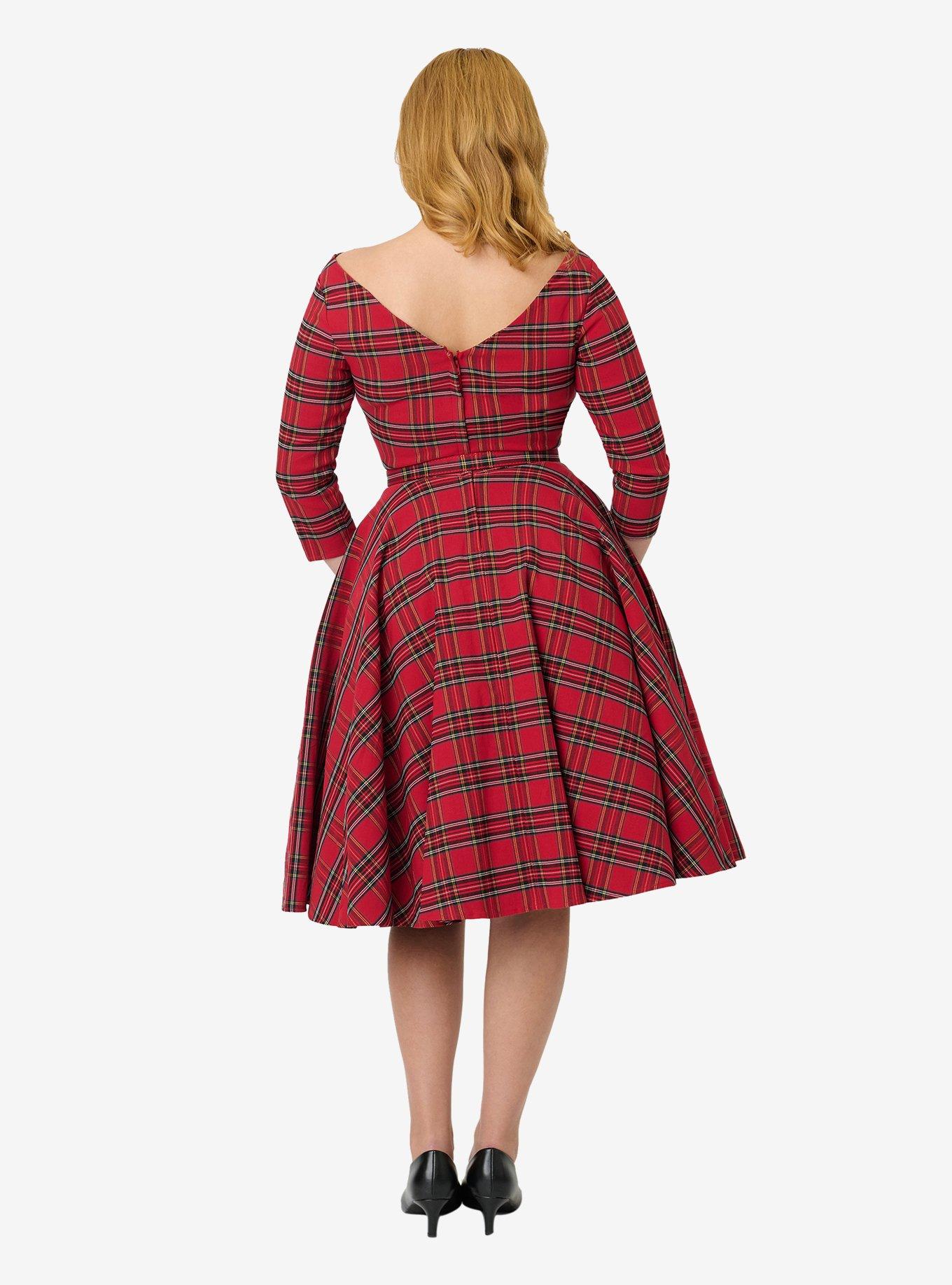 Unique Vintage Red Plaid Sleeved Devon Swing Dress, , hi-res