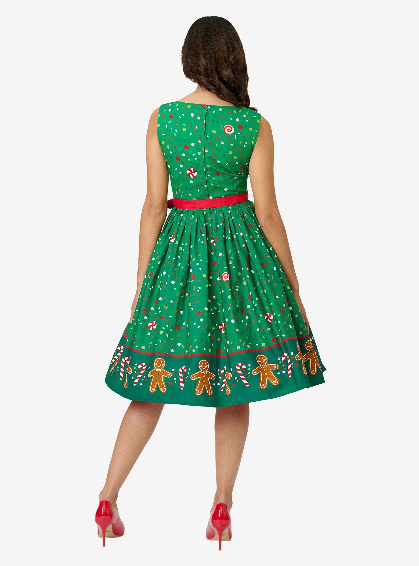 Unique Vintage Gingerbread Man Border Print Sleeveless Cotton Swing Dress, , hi-res