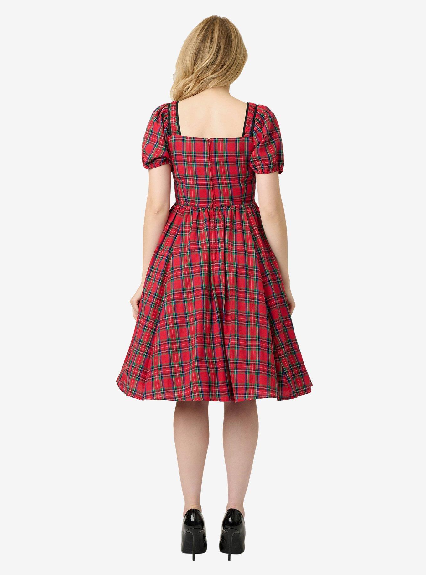 Unique Vintage Red Plaid Button Front Swing Dress, , hi-res