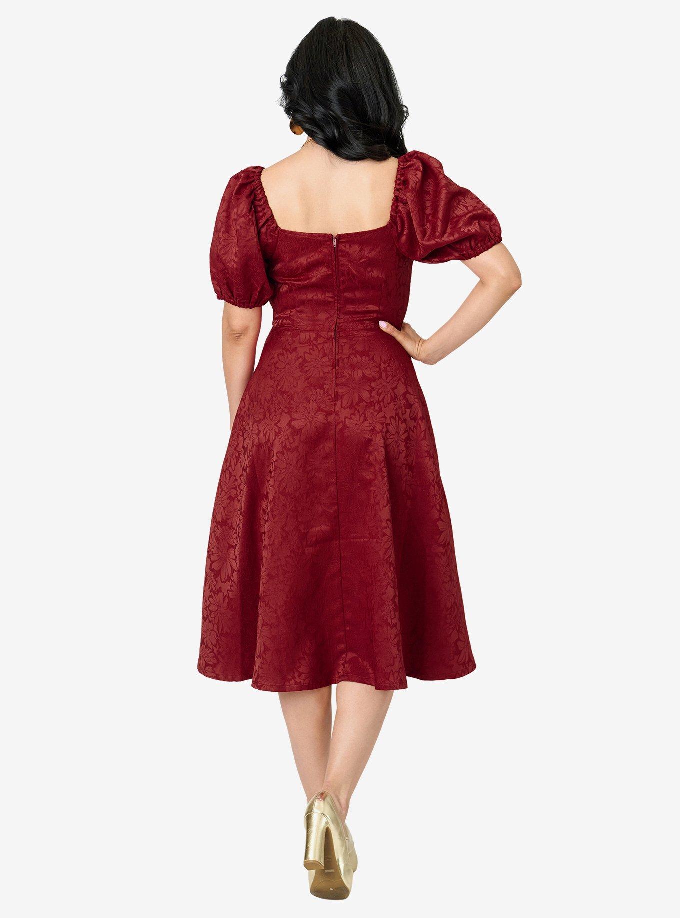 Unique Vintage Burgundy Floral Jacquard Sweetheart Swing Dress, , hi-res