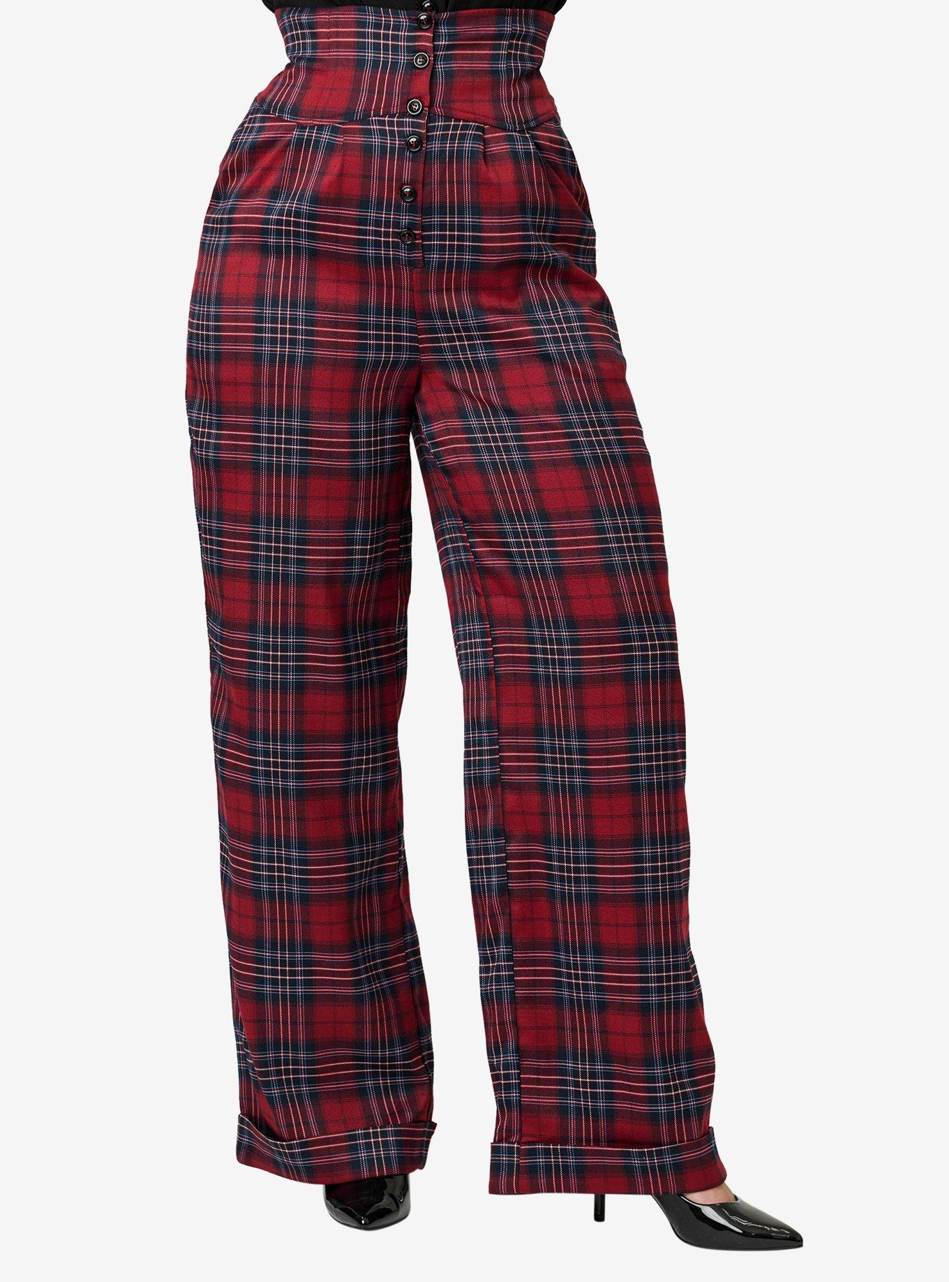 Unique Vintage Red Plaid High Waist Trousers, , hi-res