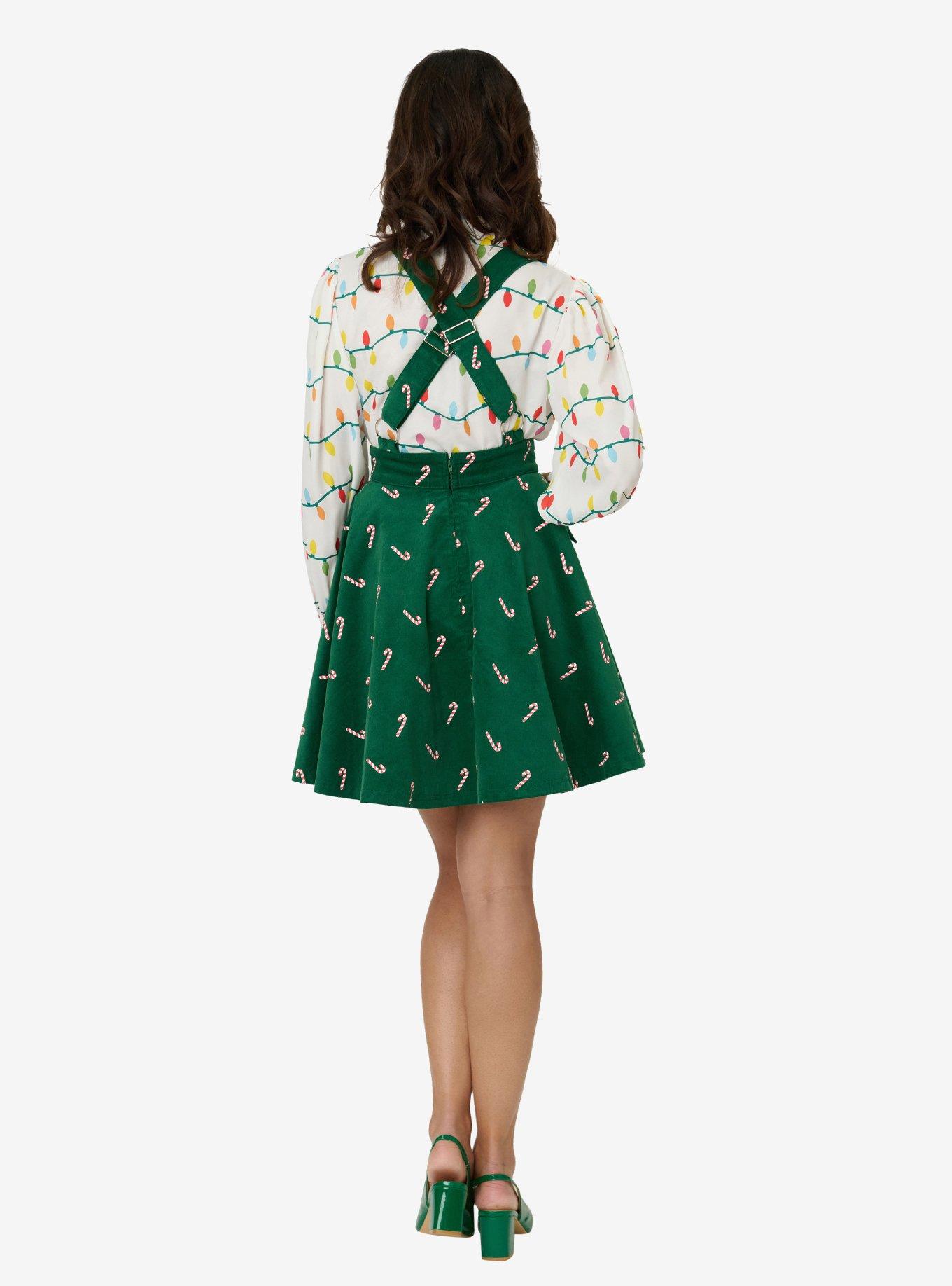 Unique Vintage Green & Candy Cane Stamp Brionne Pinafore Skirt, , hi-res