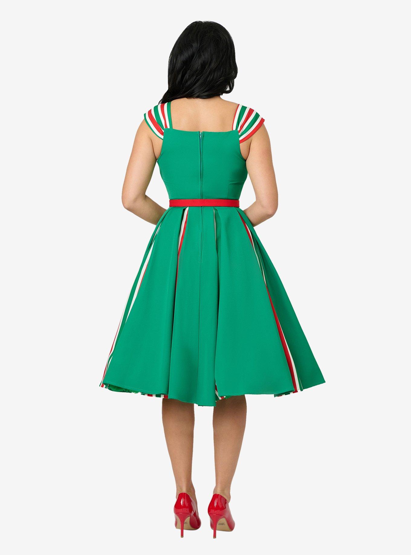 Unique Vintage Green & Candy Cane Stripe Swing Dress, , hi-res