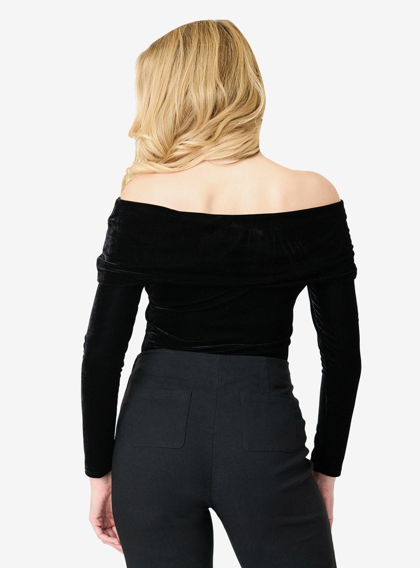 Unique Vintage Black Velvet Folded Shoulder Knit Top, , hi-res