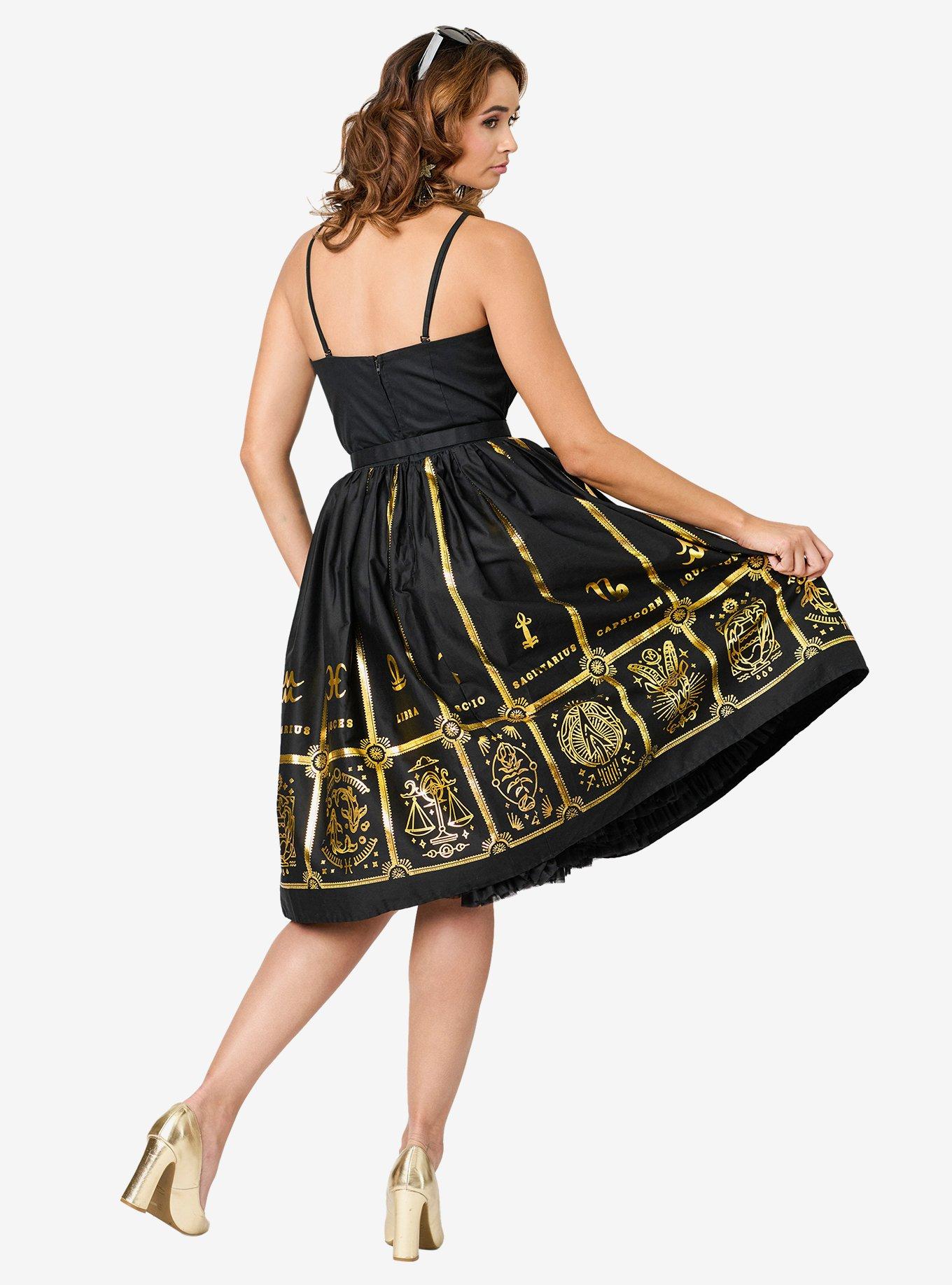 Unique Vintage Black & Gold Astrological Chart Sweetheart Halter Swing Dress, , hi-res