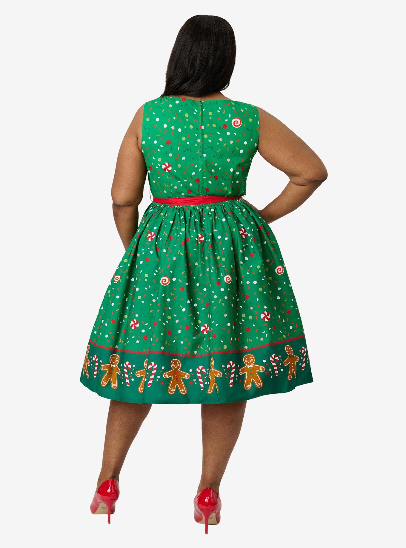 Unique Vintage Plus Size Gingerbread Man Border Print Sleeveless Cotton Swing Dress, , hi-res