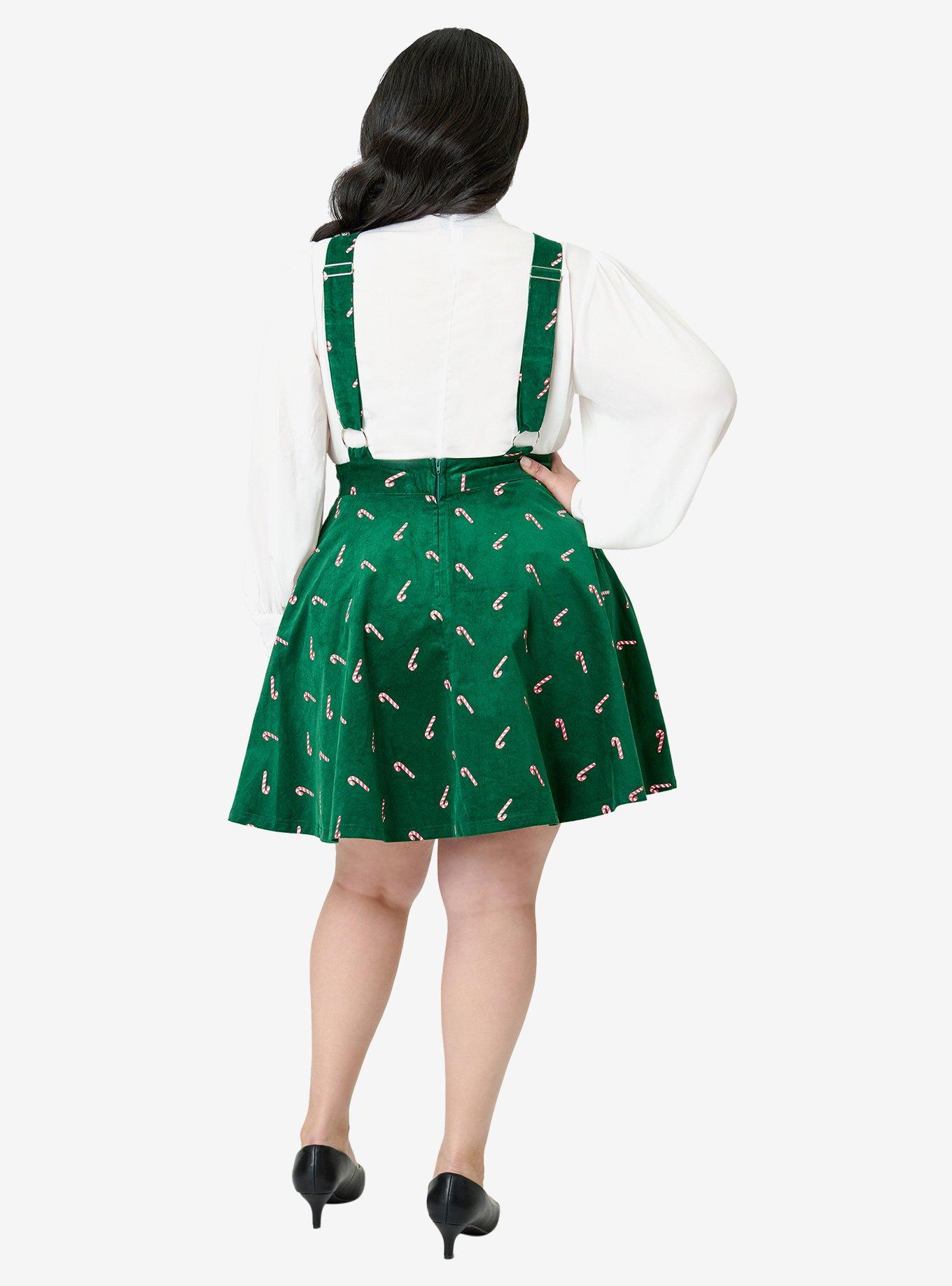Unique Vintage Plus Size Green & Candy Cane Stamp Brionne Pinafore Skirt, , hi-res