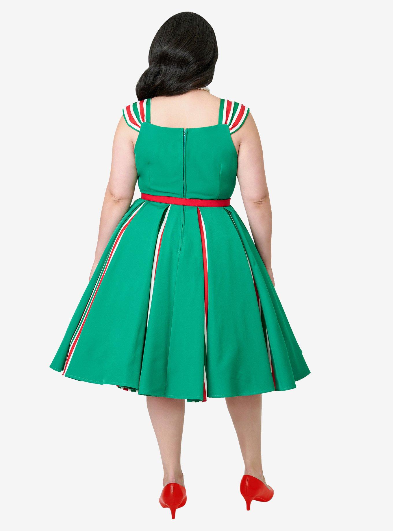 Unique Vintage Plus Size Green & Candy Cane Stripe Swing Dress, , hi-res