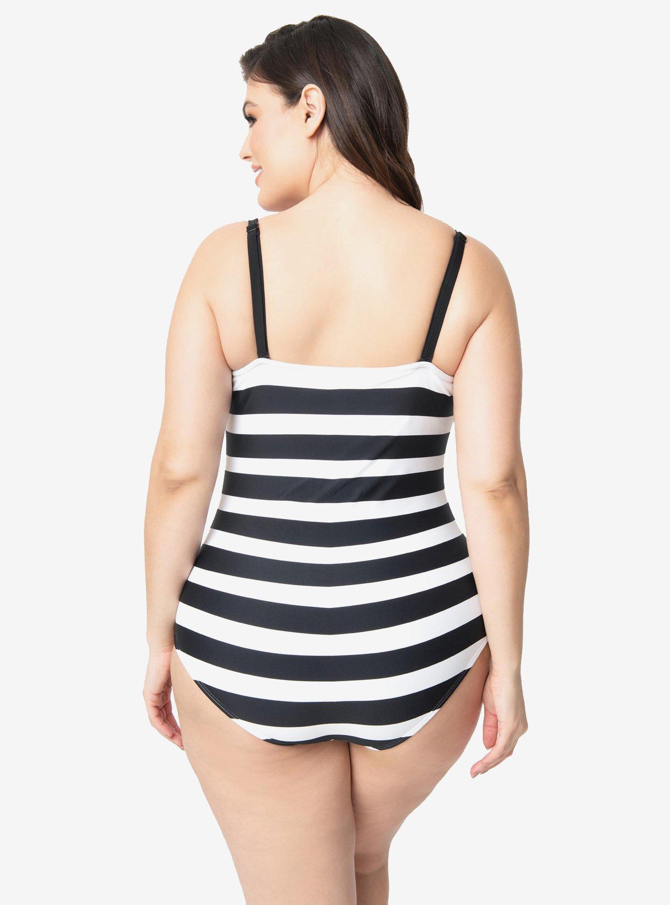 Barbie x Unique Vintage Plus Size Black & White Chevron Stripe One Piece Bathing Suit, , hi-res
