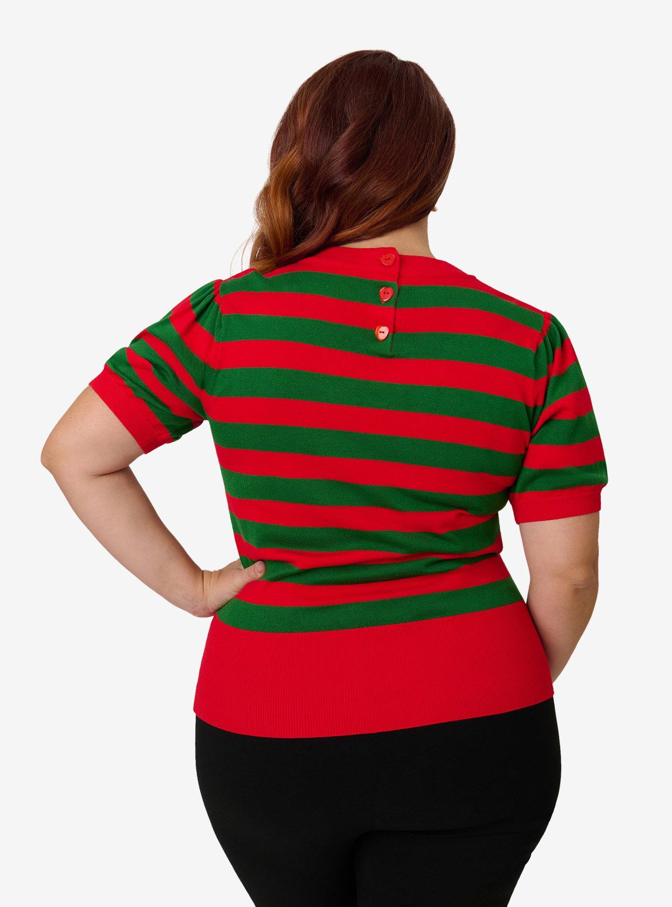 Smak Parlour Plus Size Green & Red Stripe Heart Sweater, , hi-res