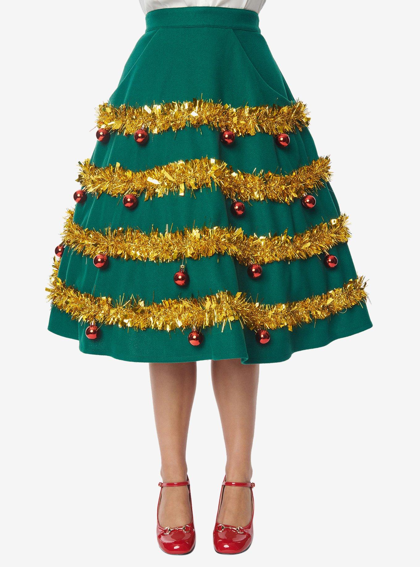 Unique Vintage Green & Gold Tinsel & Ornament Soda Shop Swing Skirt, , hi-res