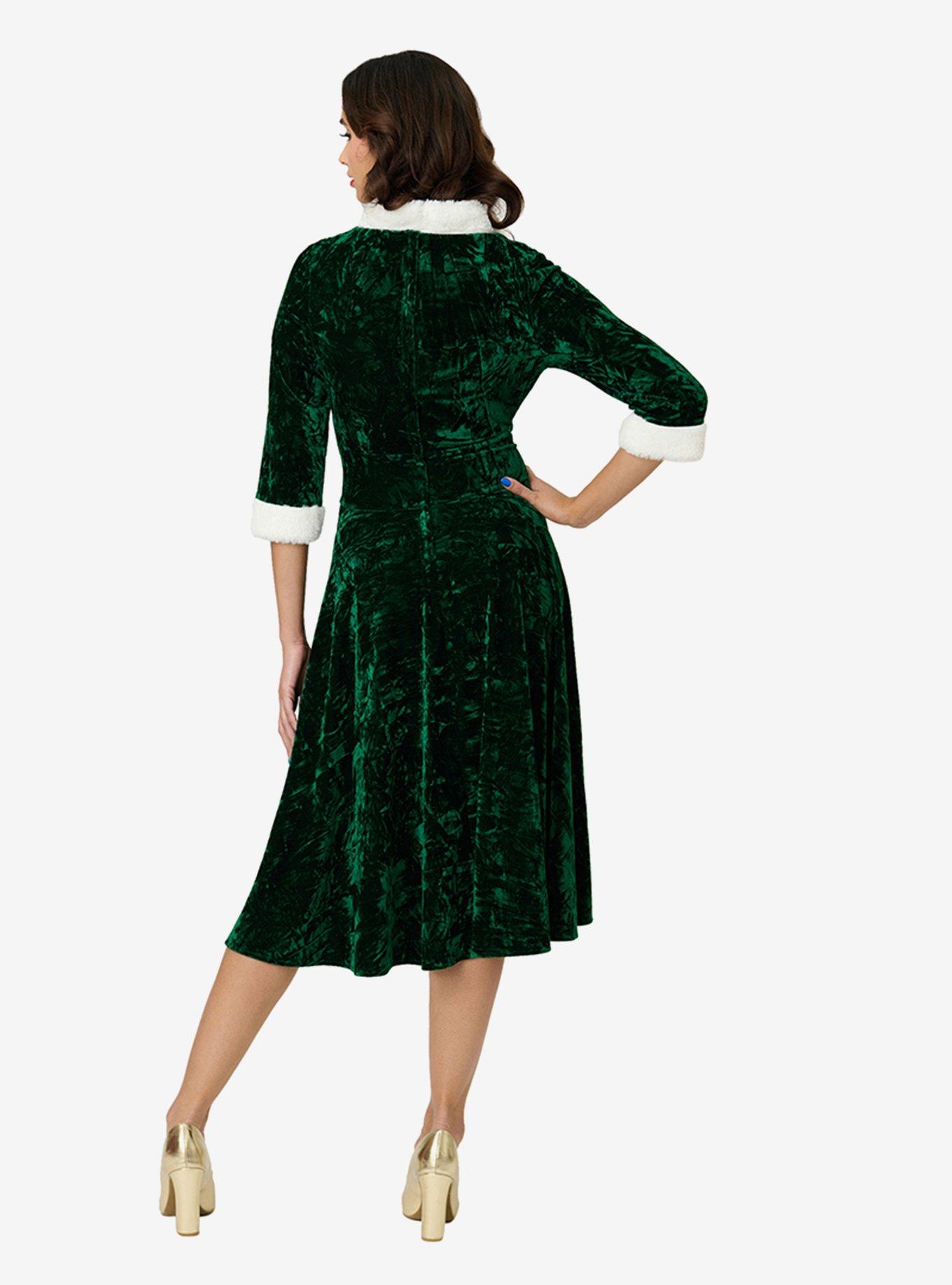 Unique Vintage Emerald Crushed Velvet & White Fur Delores Swing Dress, , hi-res