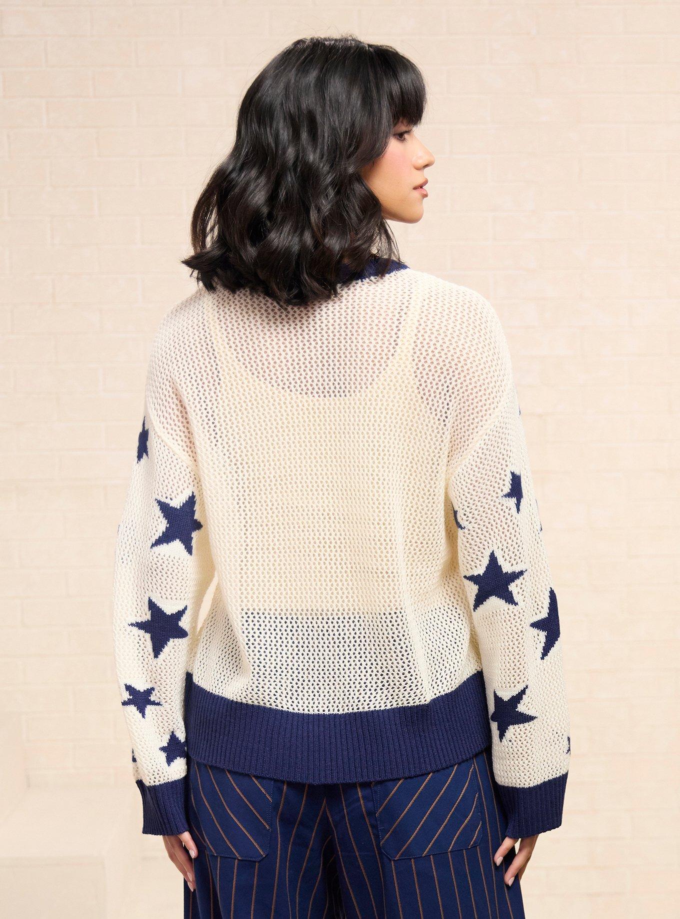 Disney Mickey Mouse Americana Tonal Blue Open Knit Sweater, MULTI, alternate - view 3