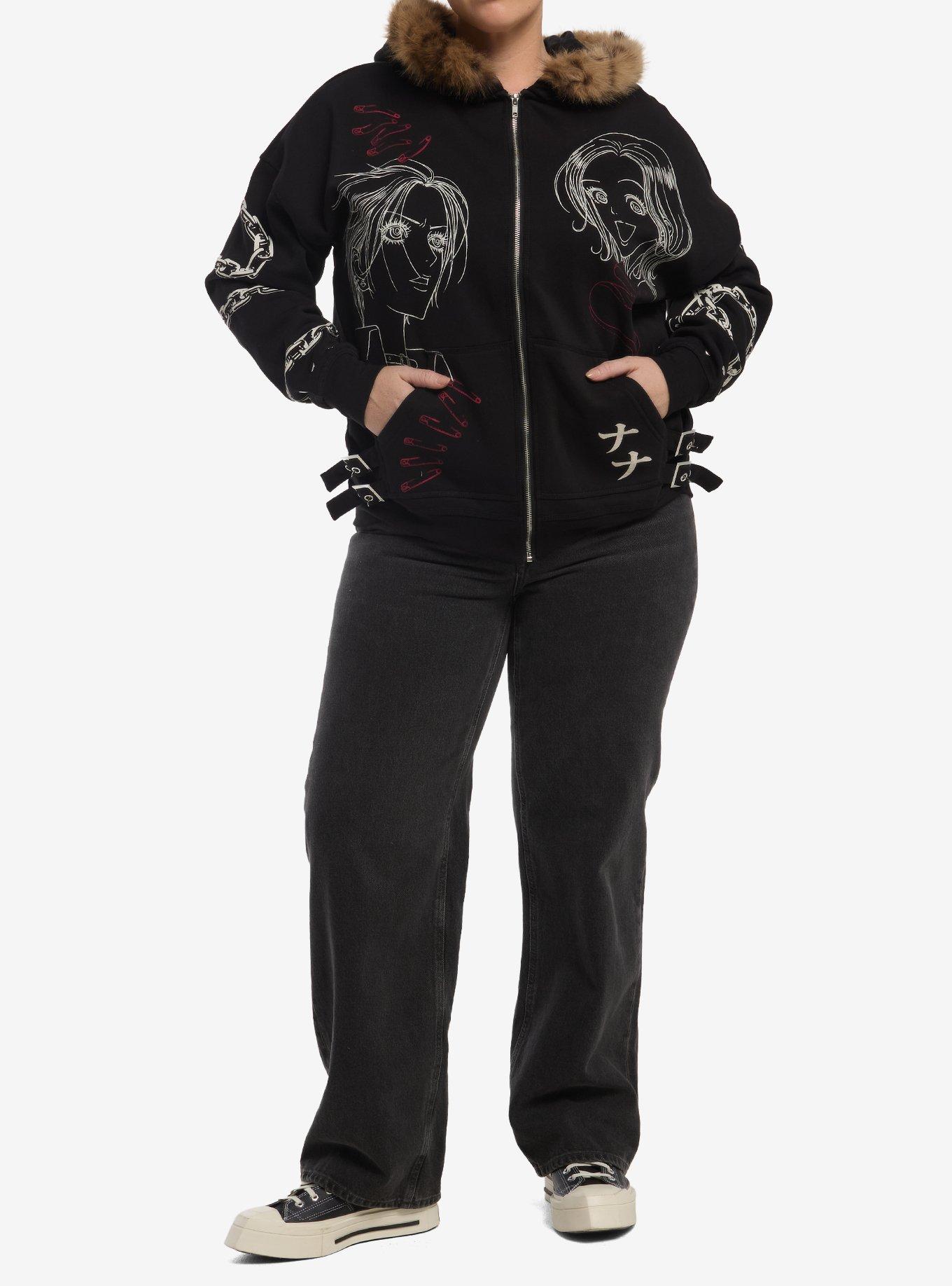 Nana Outline Art Fur Trim Girls Hoodie Plus Size, LEOPARD, alternate