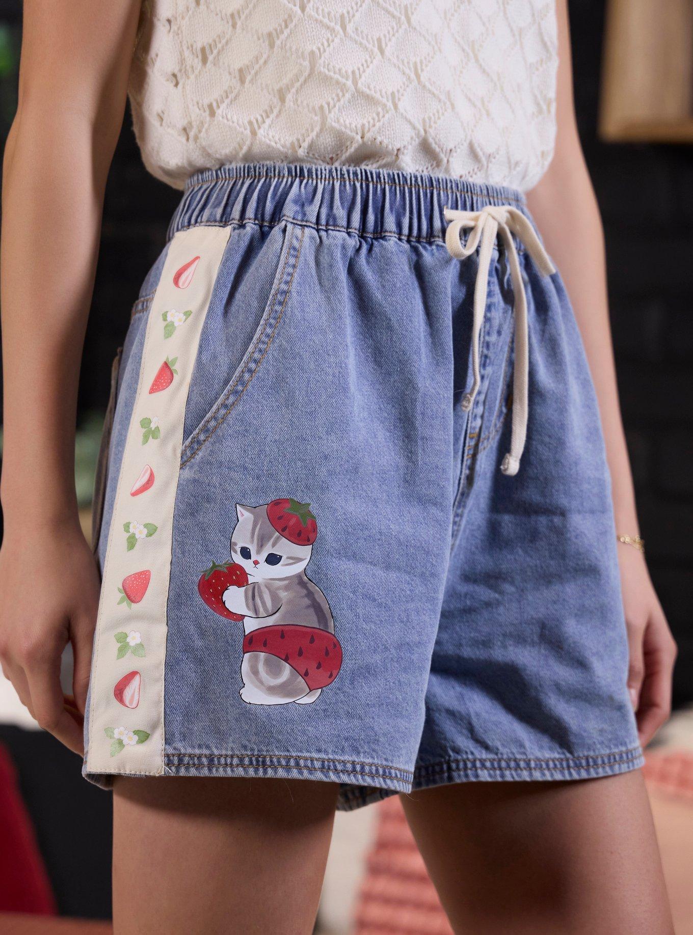 Mofusand Strawberry Denim Mom Shorts, MULTI, alternate