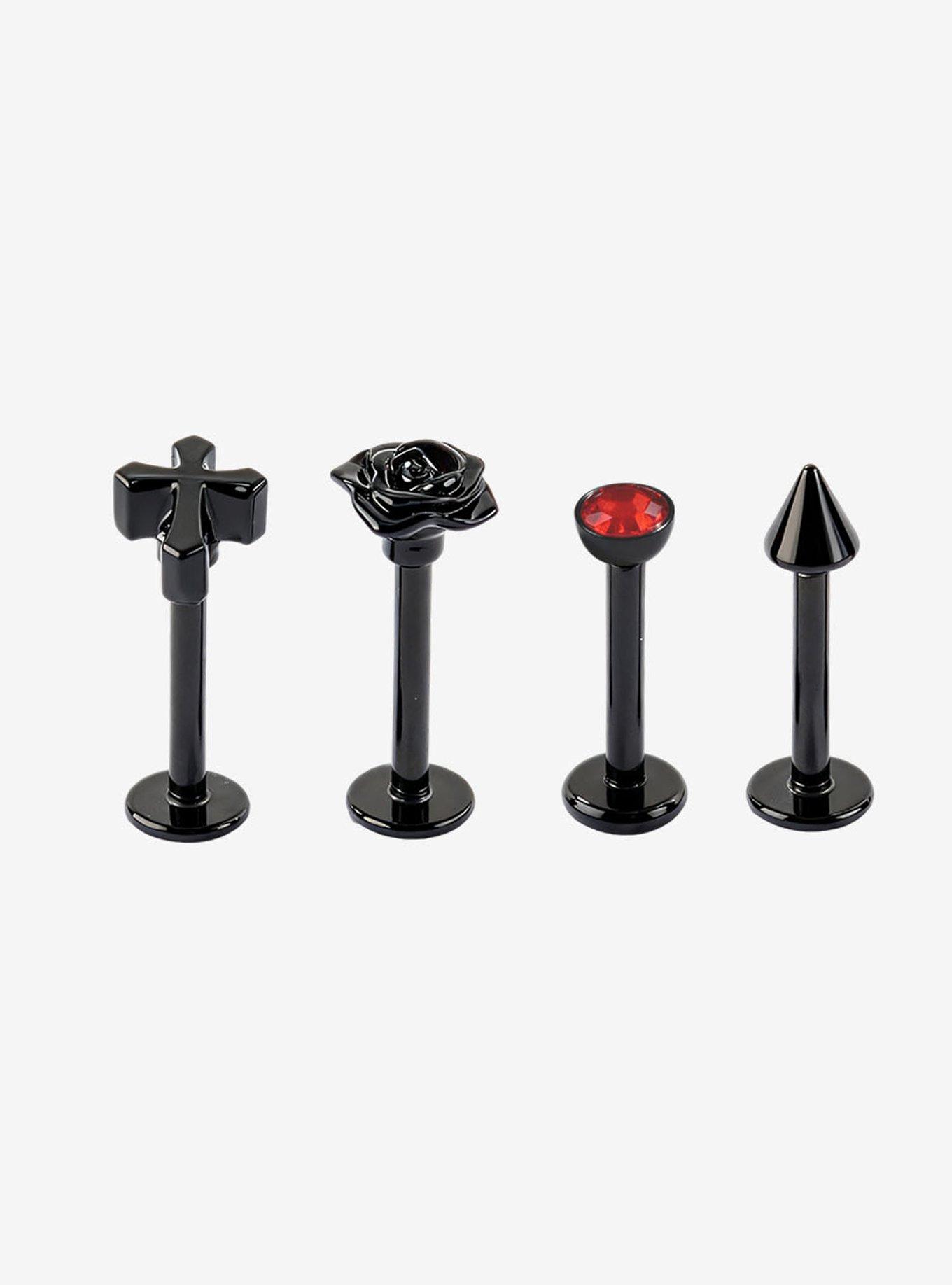 Steel Gothic Rose Cross Labret Stud 4 Pack, , hi-res