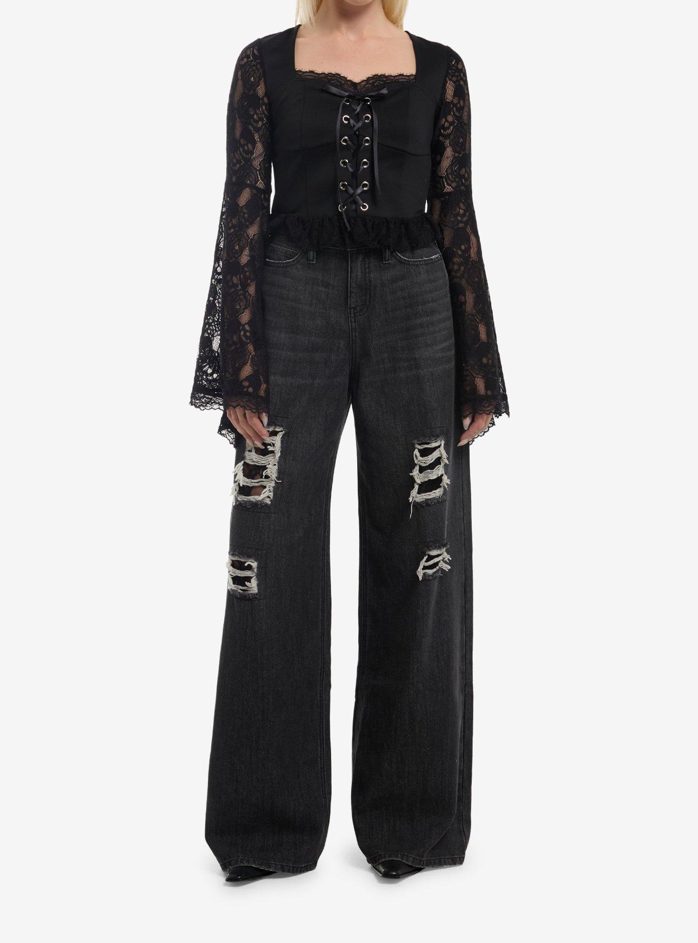 Cosmic Aura Black Skull Lace Girls Long-Sleeve Top, , hi-res