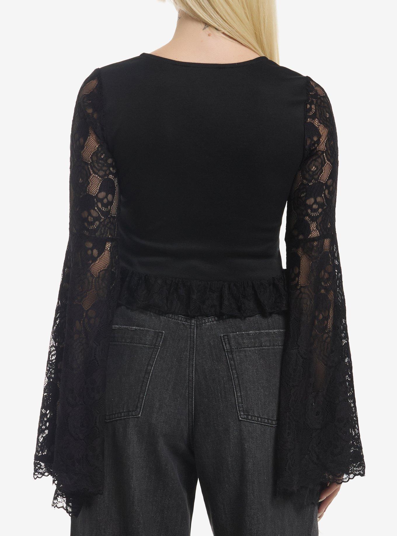 Cosmic Aura Black Skull Lace Girls Long-Sleeve Top, MULTI, alternate
