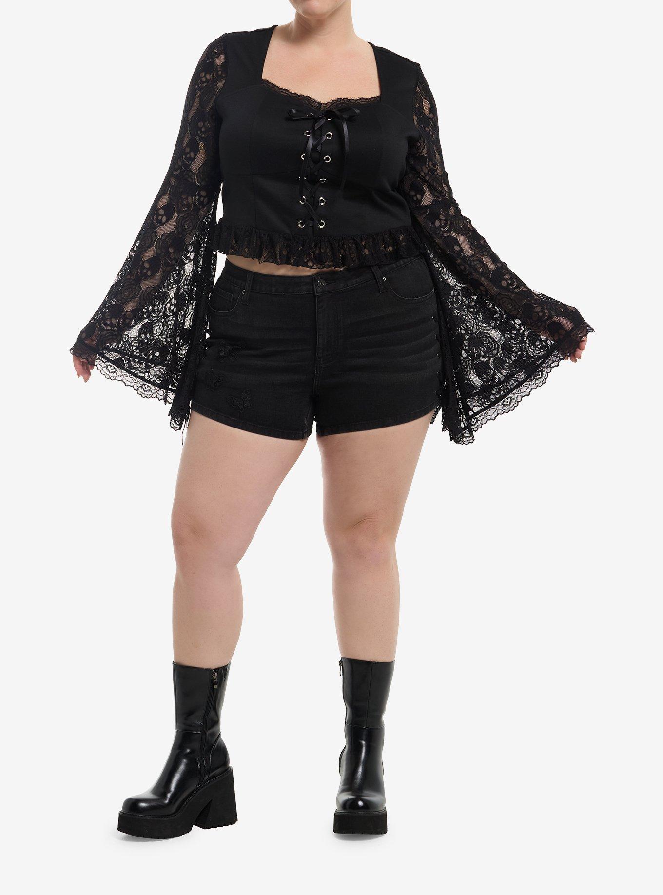 Cosmic Aura Black Skull Lace Girls Long-Sleeve Top Plus Size, , hi-res