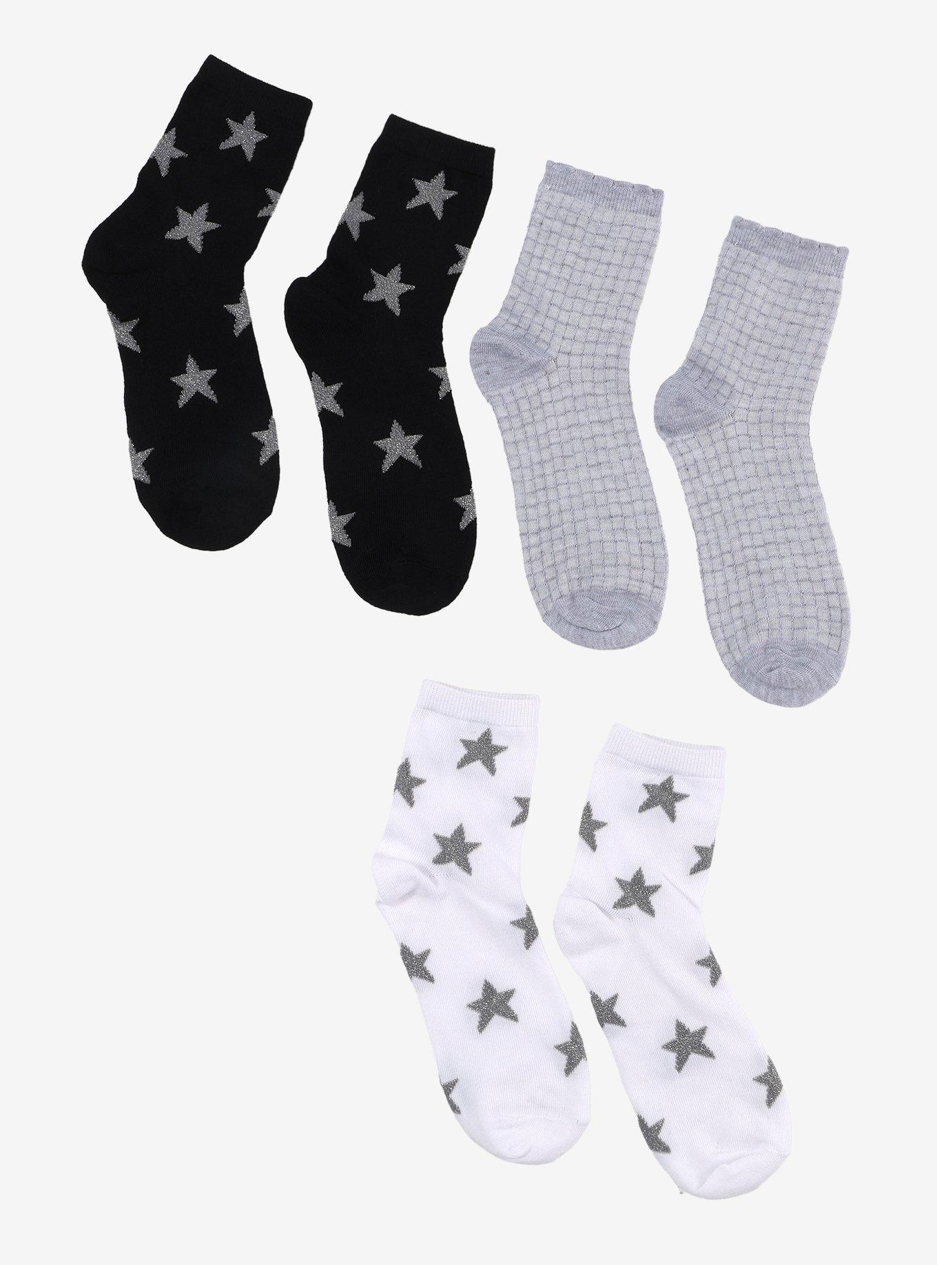 Silver Lurex Star Ankle Socks 3 Pair, , hi-res