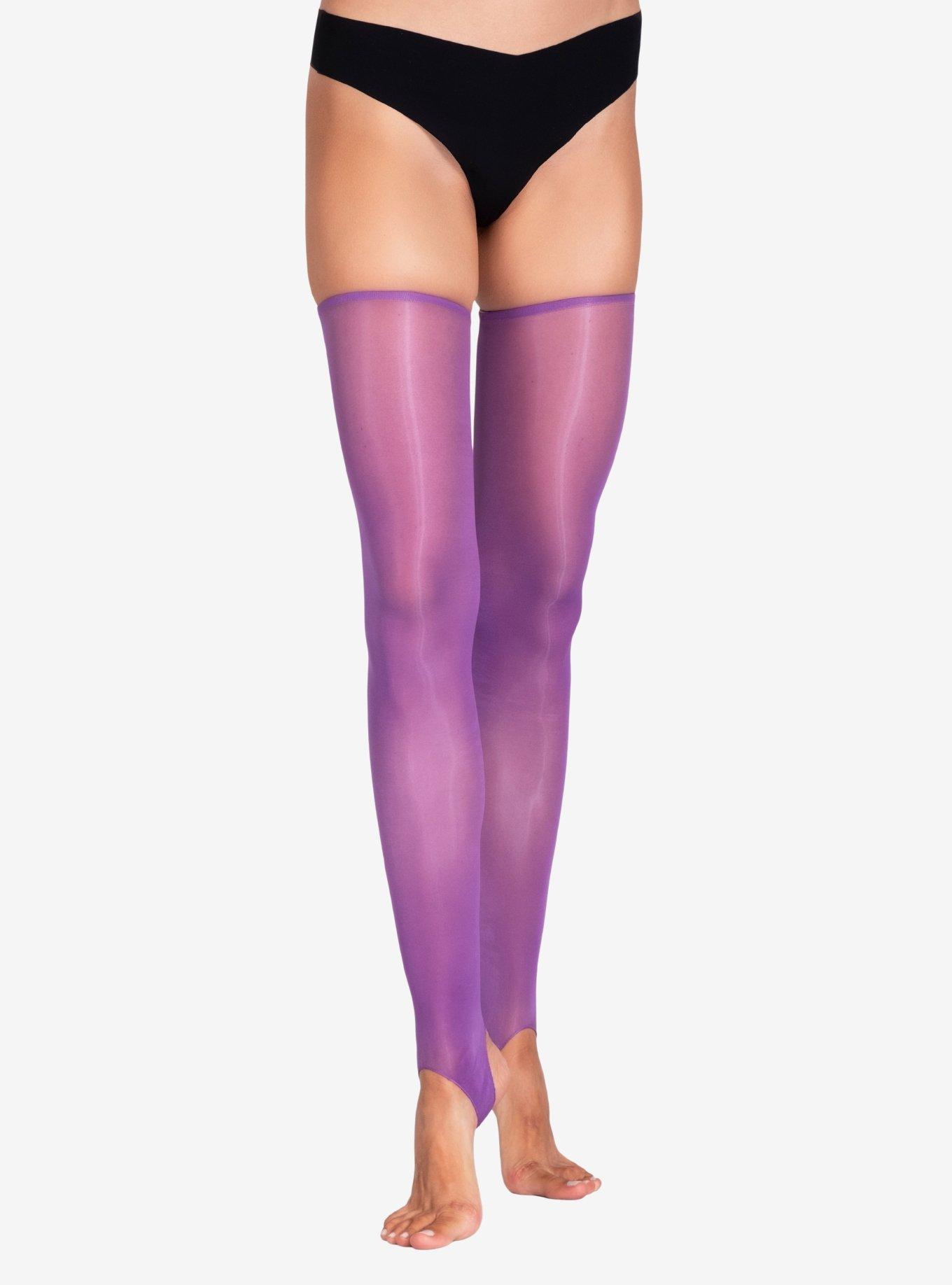 LECHERY Purple Lustrous Silky Shiny Stirrup Thigh Highs, , hi-res