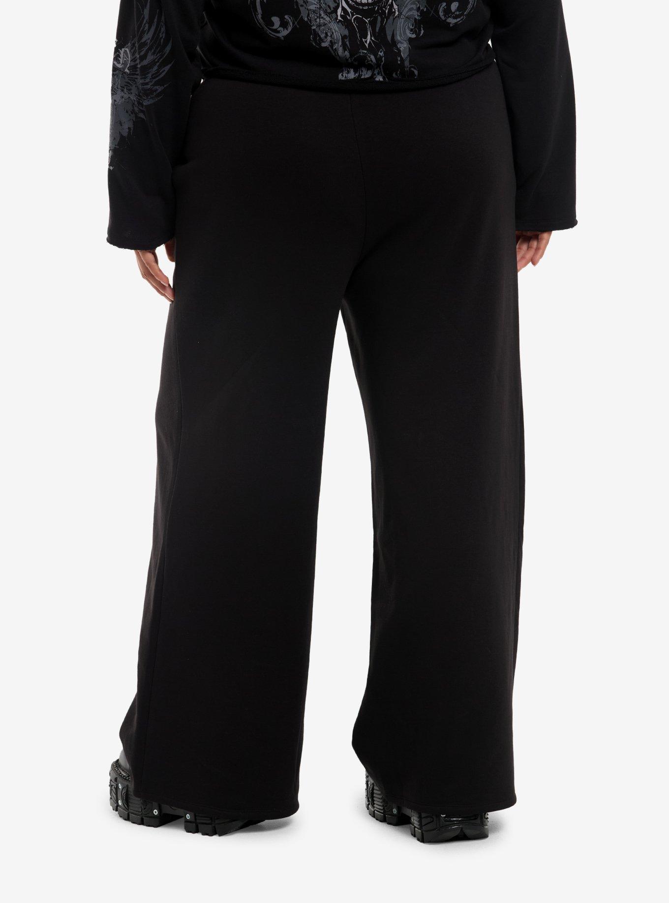 Social Collision Black Grommet Wide Leg Sweatpants Plus Size, , hi-res