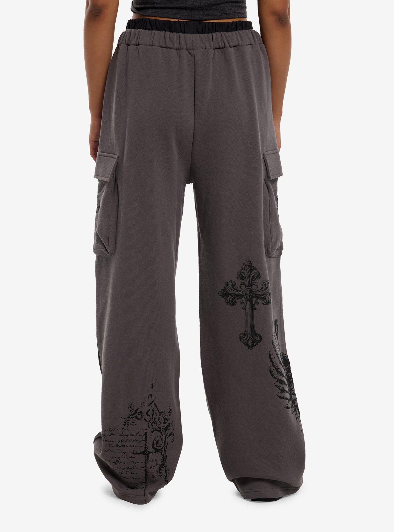 Grey Gothic Cross Double Waist Lounge Pants, , hi-res
