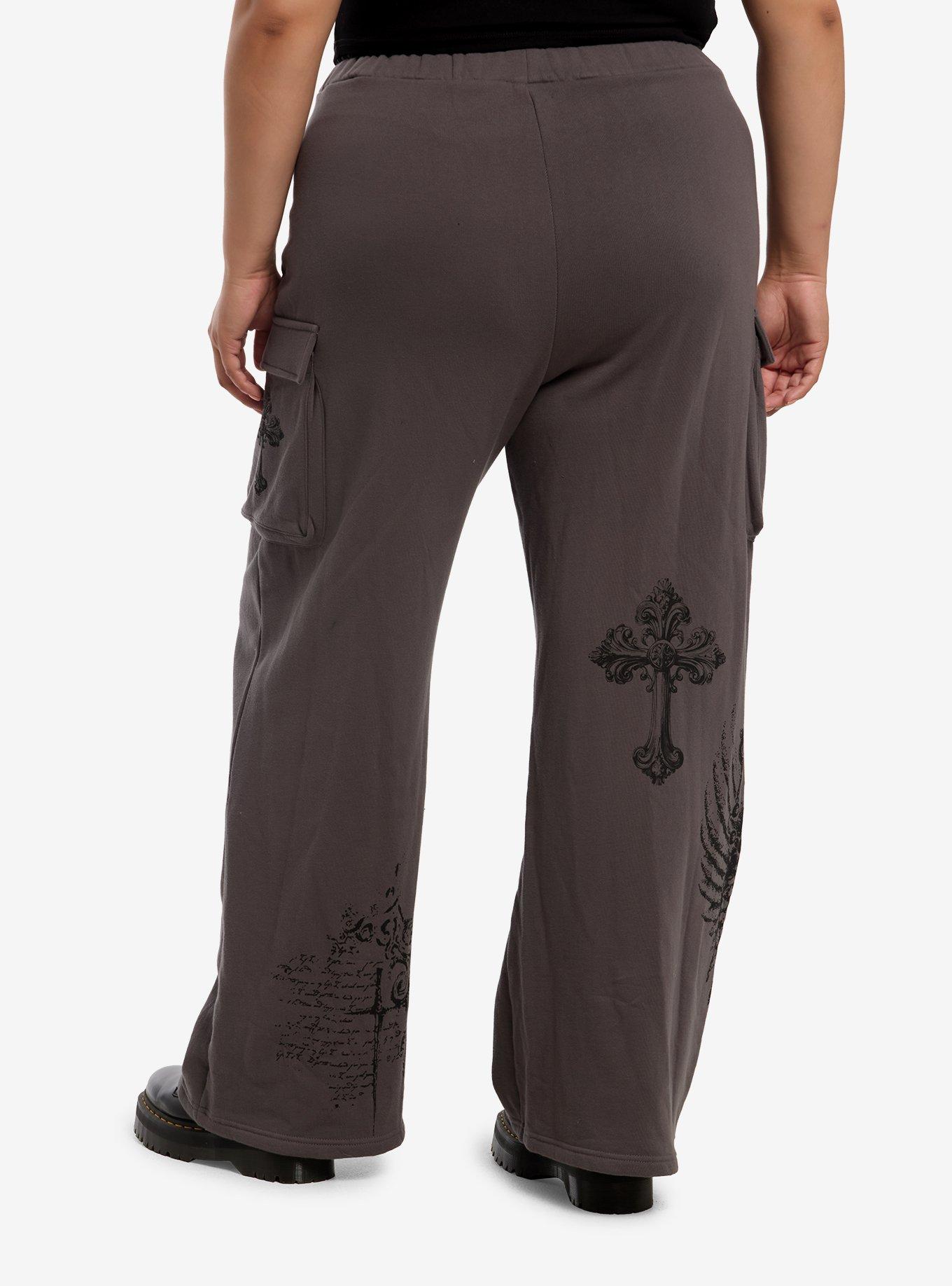 Grey Gothic Cross Double Waist Girls Lounge Pants Plus Size, , hi-res