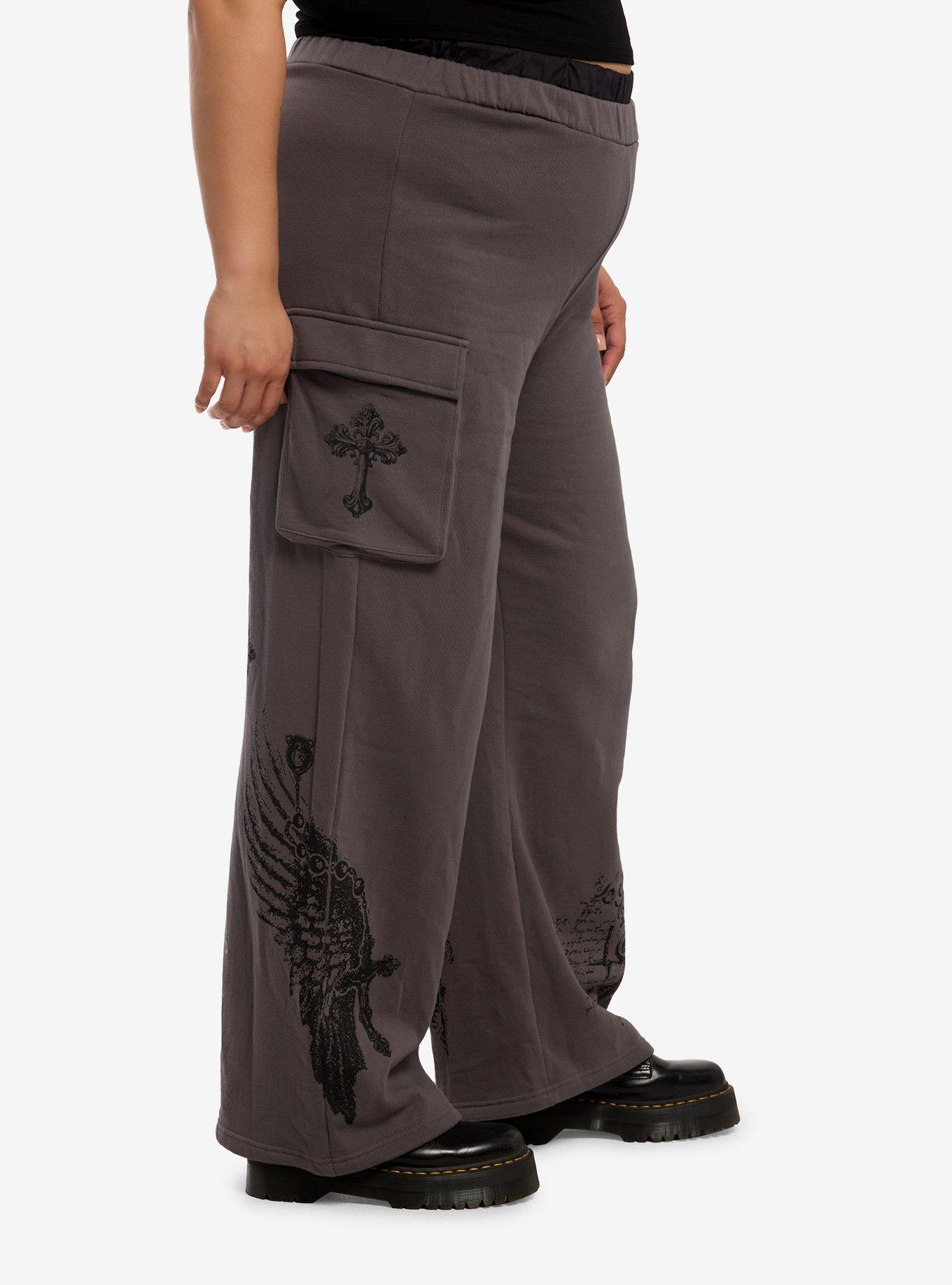 Grey Gothic Cross Double Waist Girls Lounge Pants Plus Size, MULTI, alternate