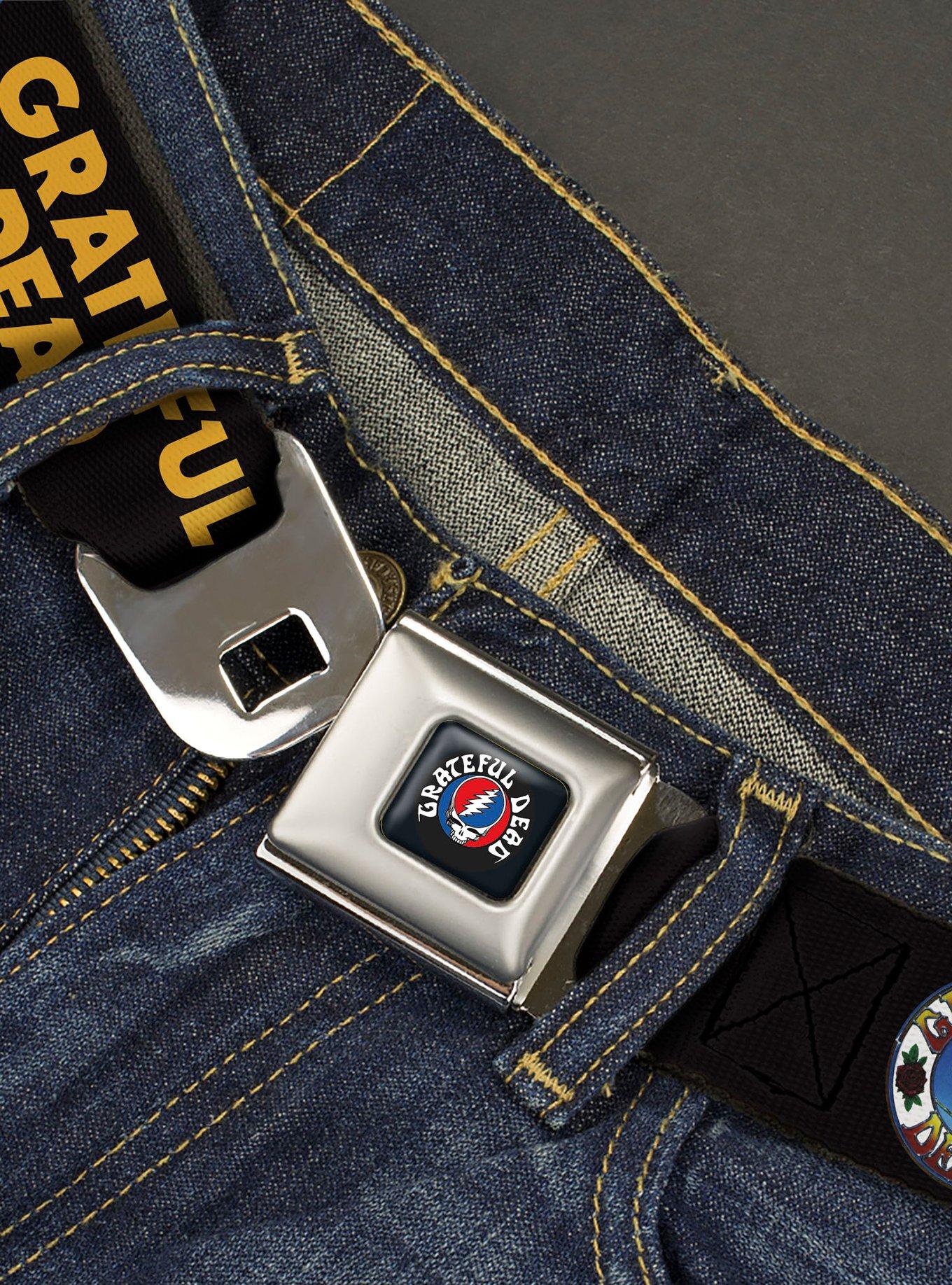 Grateful Dead Text Skull and Roses Round Logo Black Seatbelt Buckle Belt, , hi-res