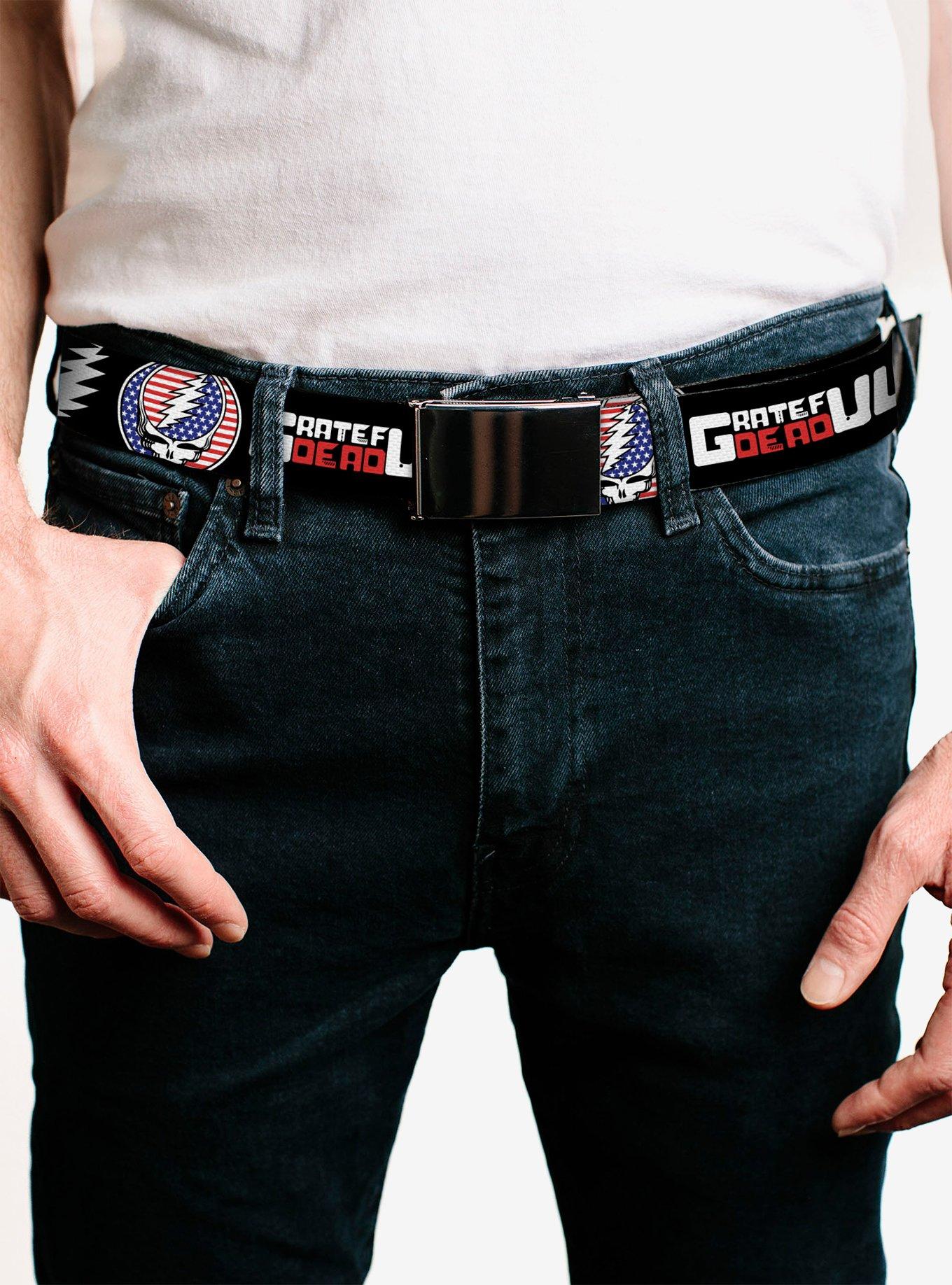 Grateful Dead Text Steal Your Face Americana Stars Stripes Clamp Buckle Belt, , hi-res