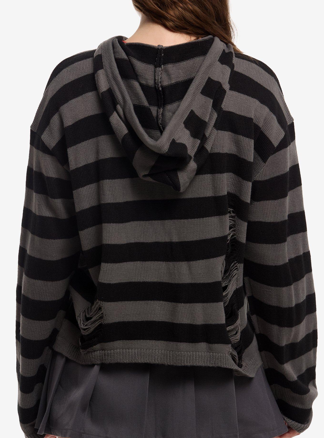 Social Collision Grunge Stripe Distressed Girls Knit Hoodie, , hi-res