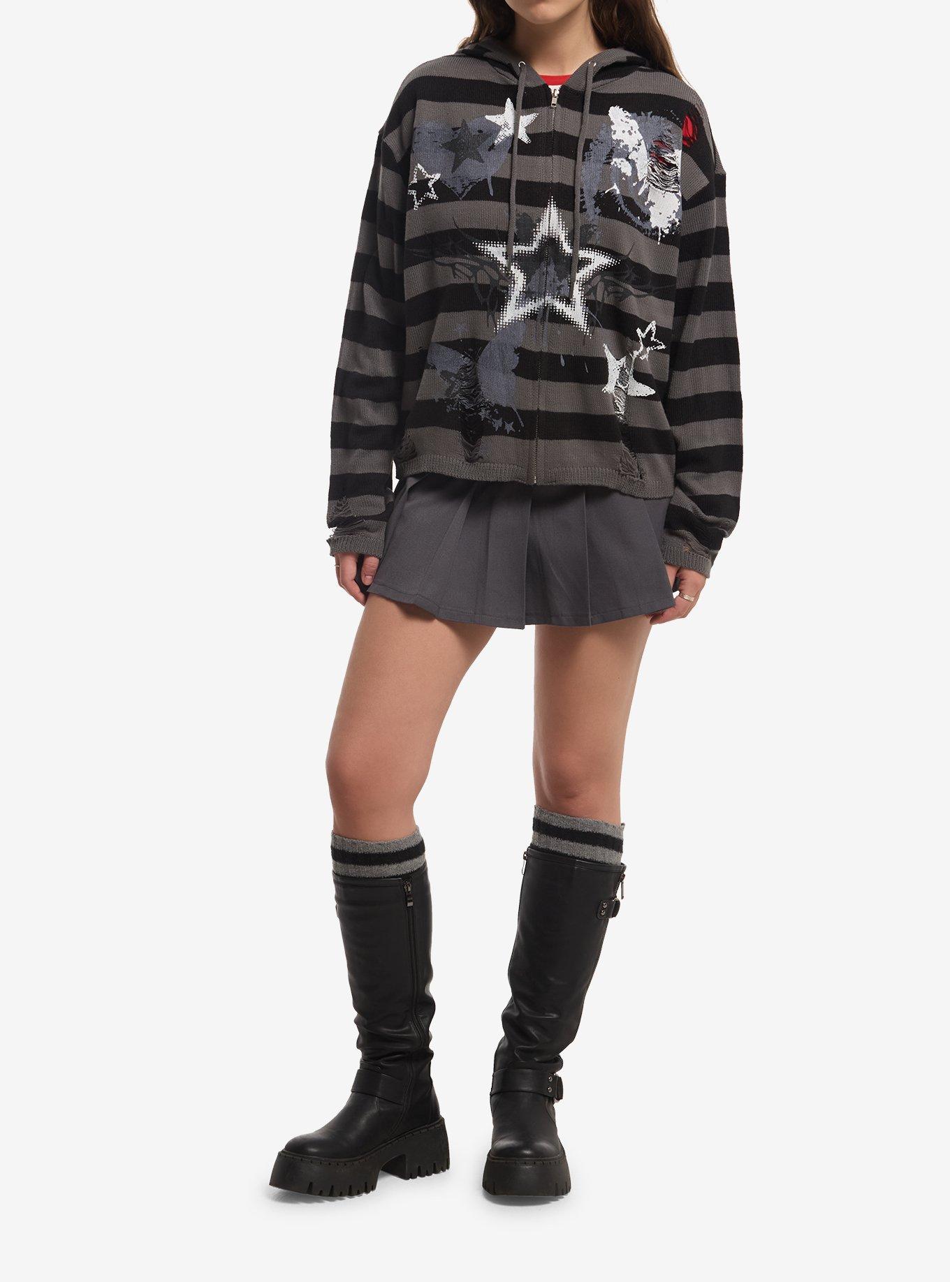 Social Collision Grunge Stripe Distressed Girls Knit Hoodie, MULTI, alternate